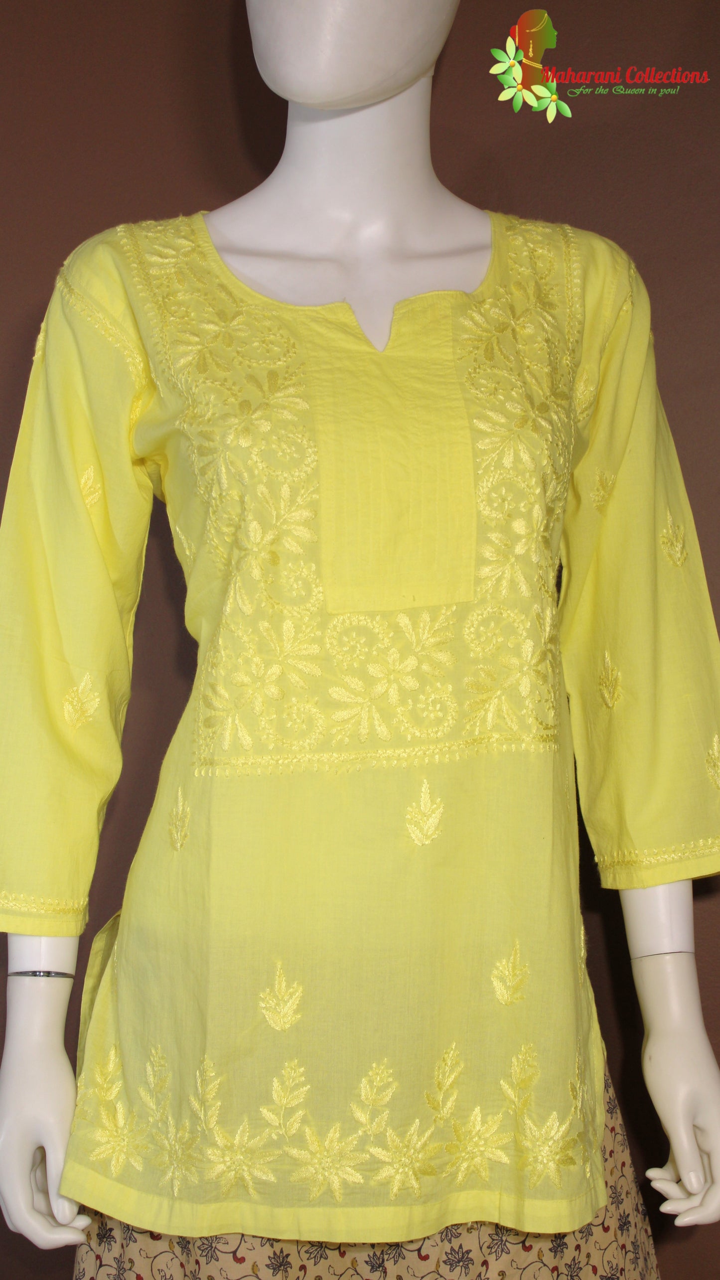 Maharani's Soft Cotton Lucknowi Kurta Top - Yellow (M)