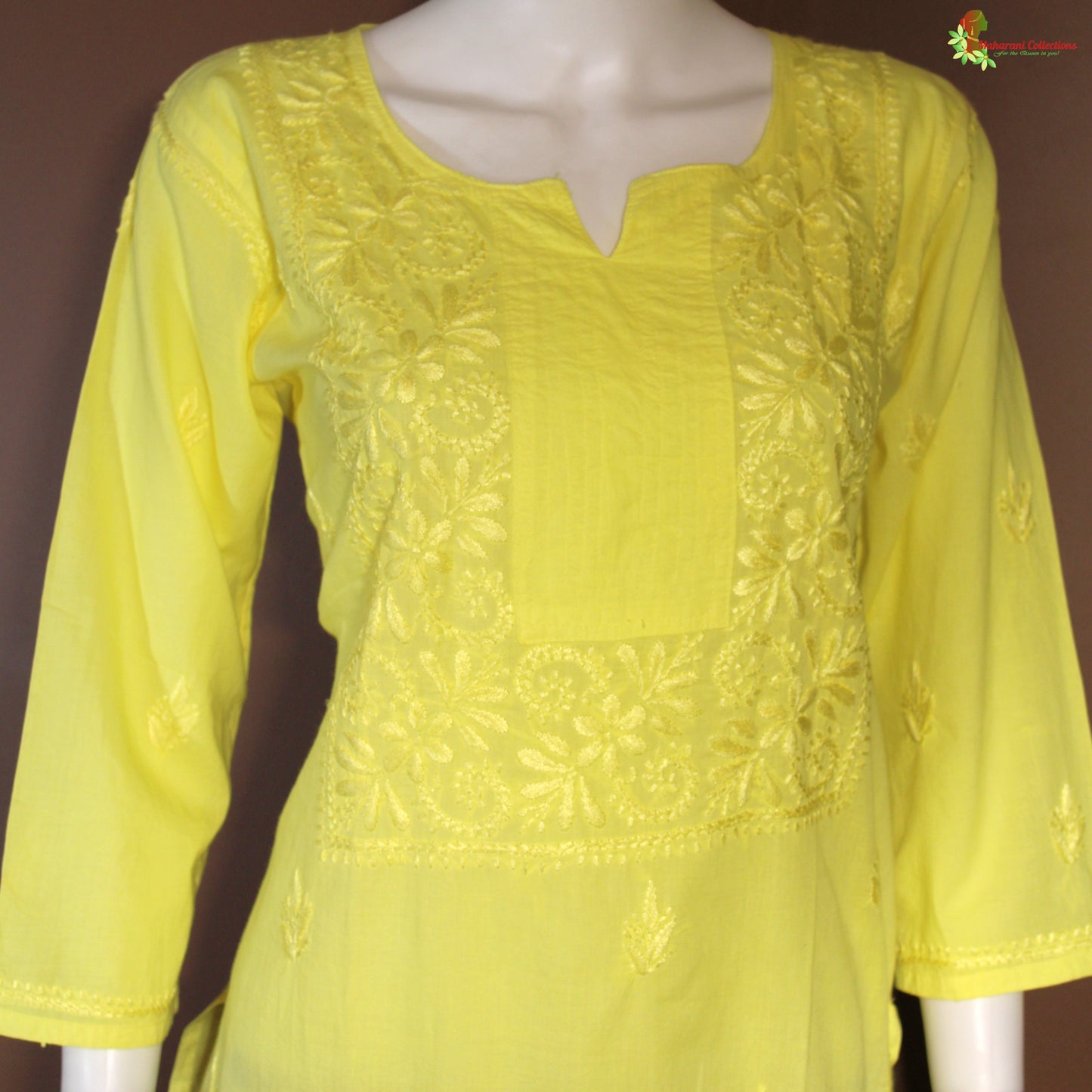 Maharani's Soft Cotton Lucknowi Kurta Top - Yellow (M)