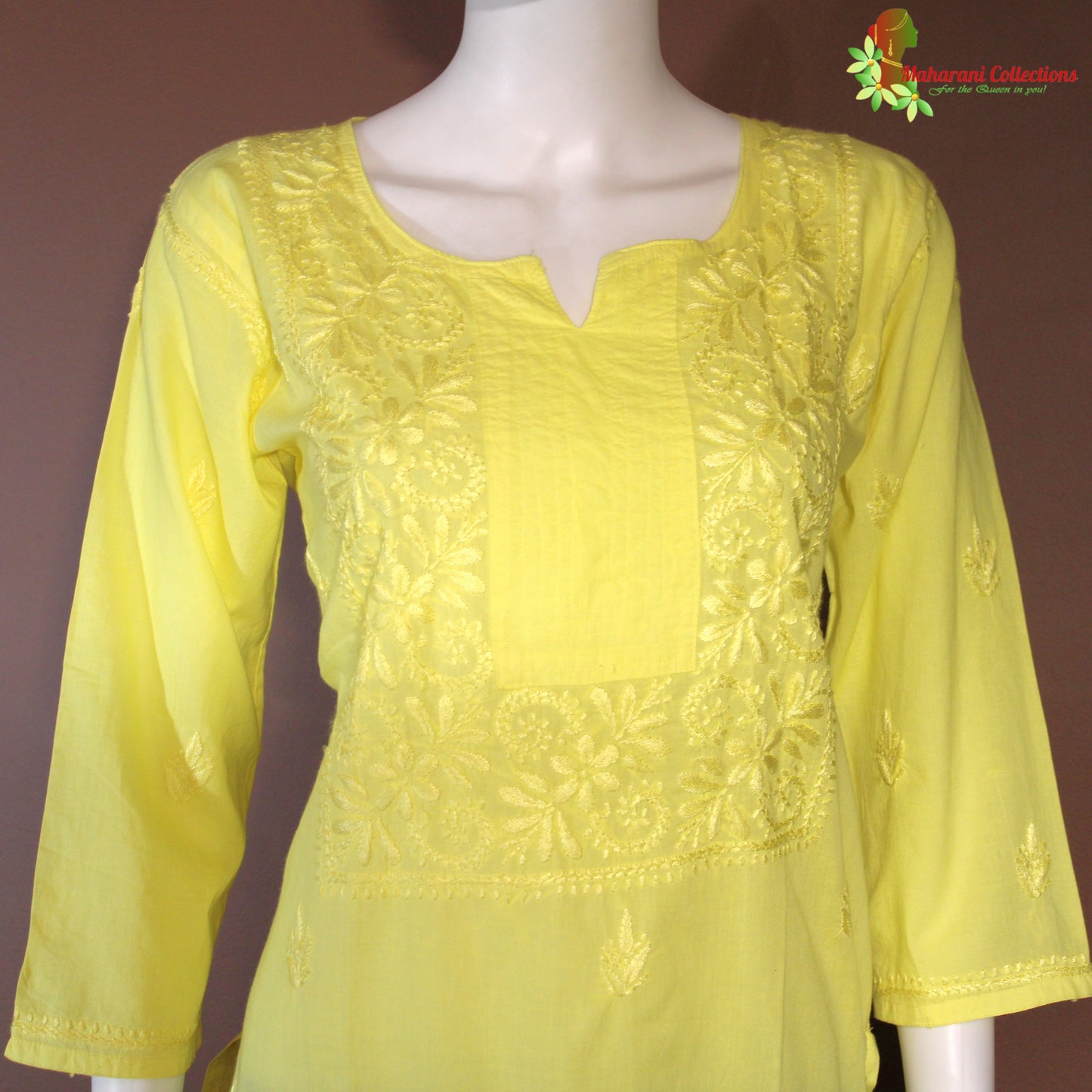 Maharani's Soft Cotton Lucknowi Kurta Top - Yellow (M)