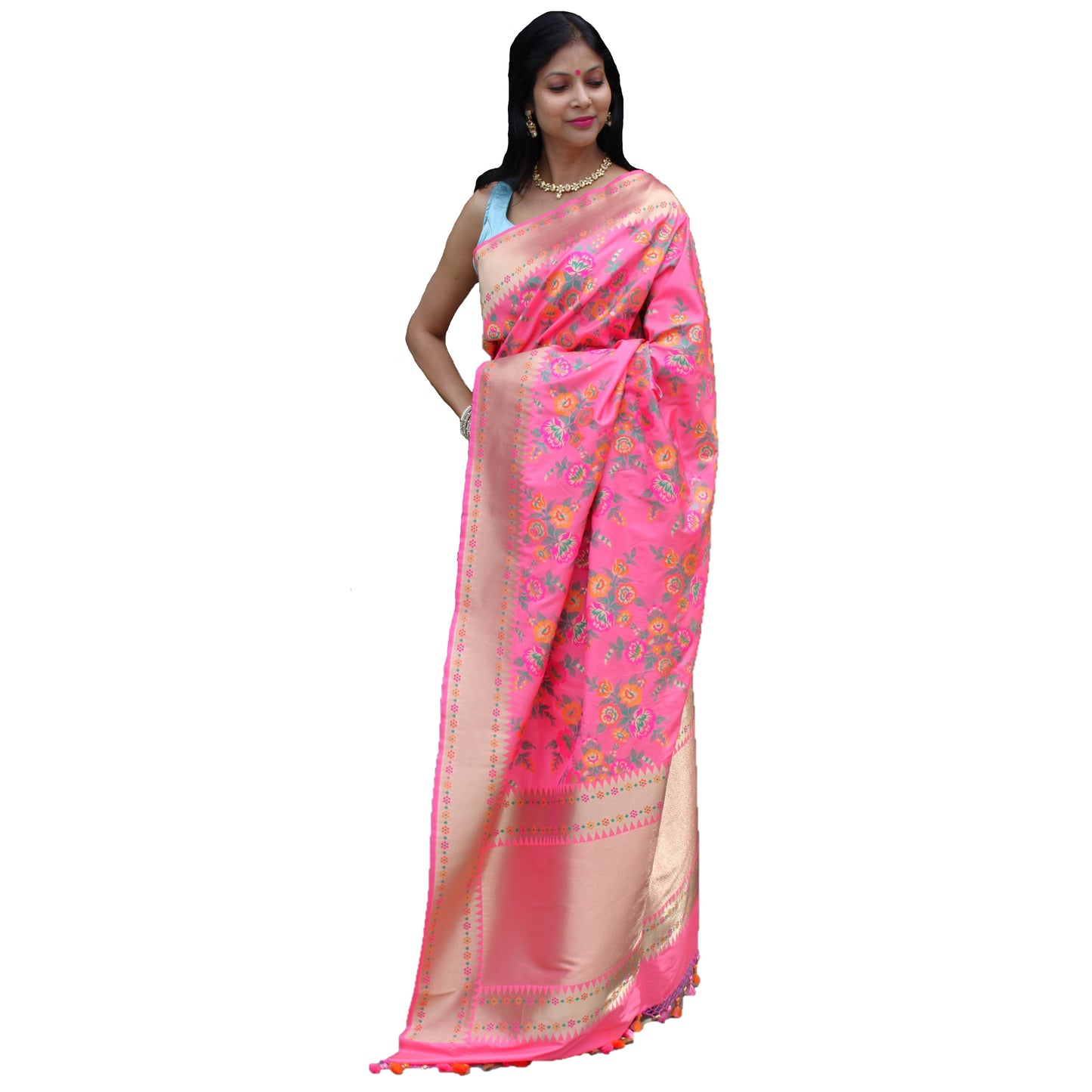 Maharani's Pure Heavy Zari Banarasi Silk Saree - Pink (with Stitched Blouse and Petticoat)