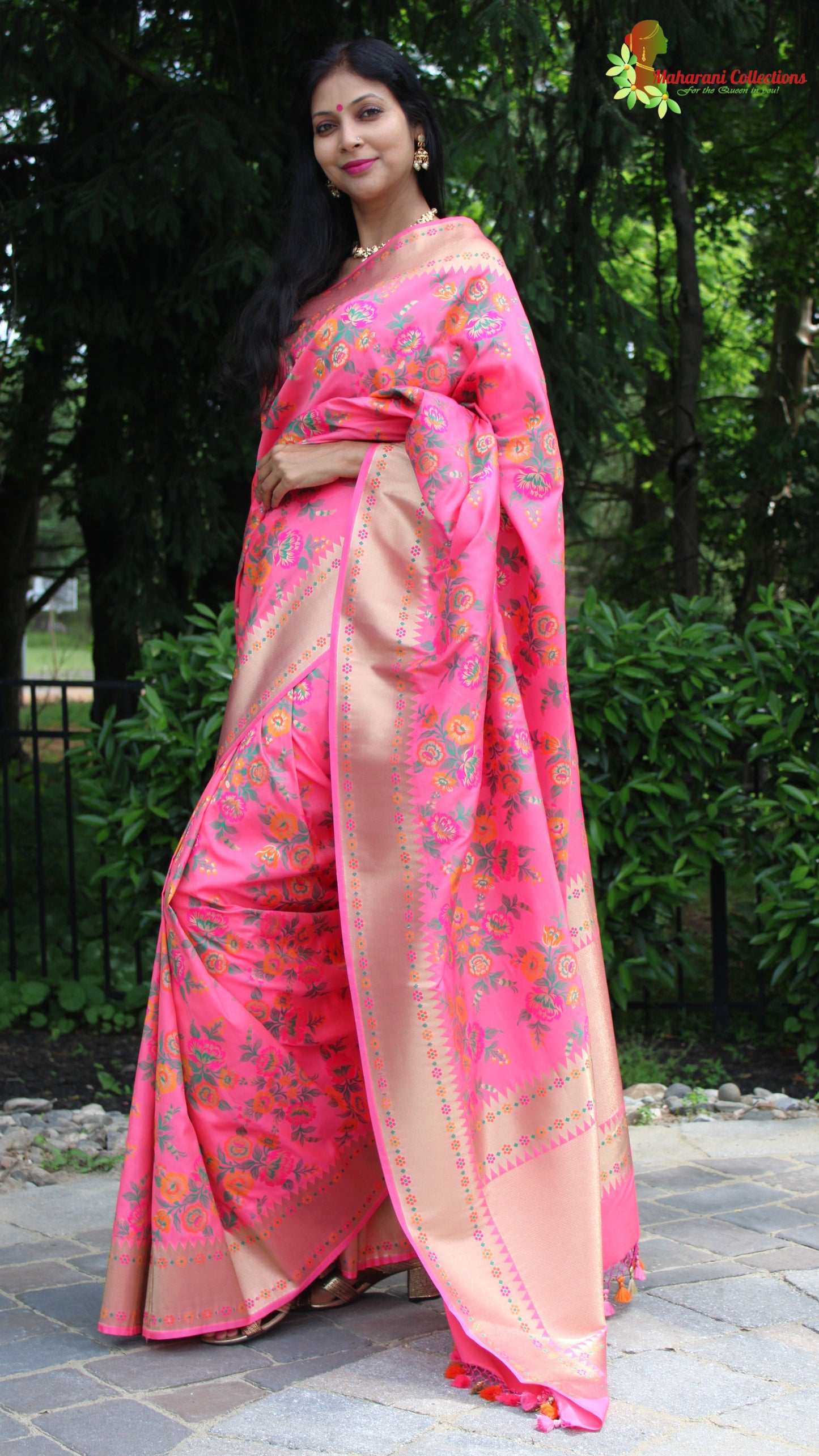 Maharani's Pure Heavy Zari Banarasi Silk Saree - Pink (with Stitched Blouse and Petticoat)