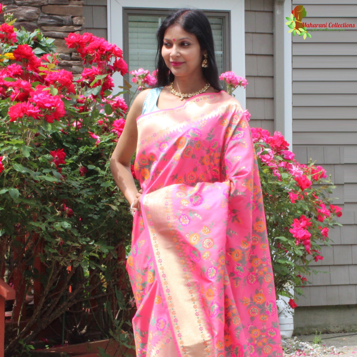 Maharani's Pure Heavy Zari Banarasi Silk Saree - Pink (with Stitched Blouse and Petticoat)