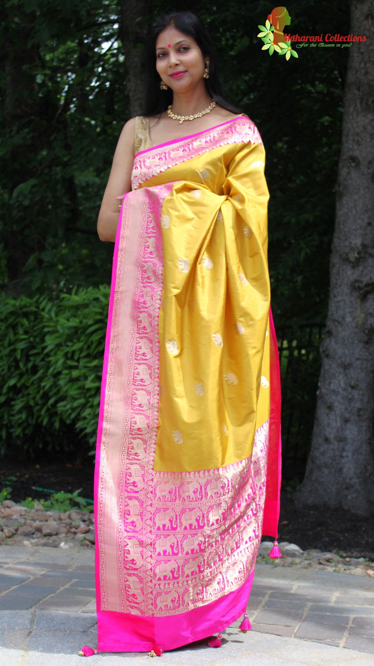 Maharani's Pure Heavy Zari Banarasi Silk Saree - Yellow & Pink (with Stitched Blouse and Petticoat)