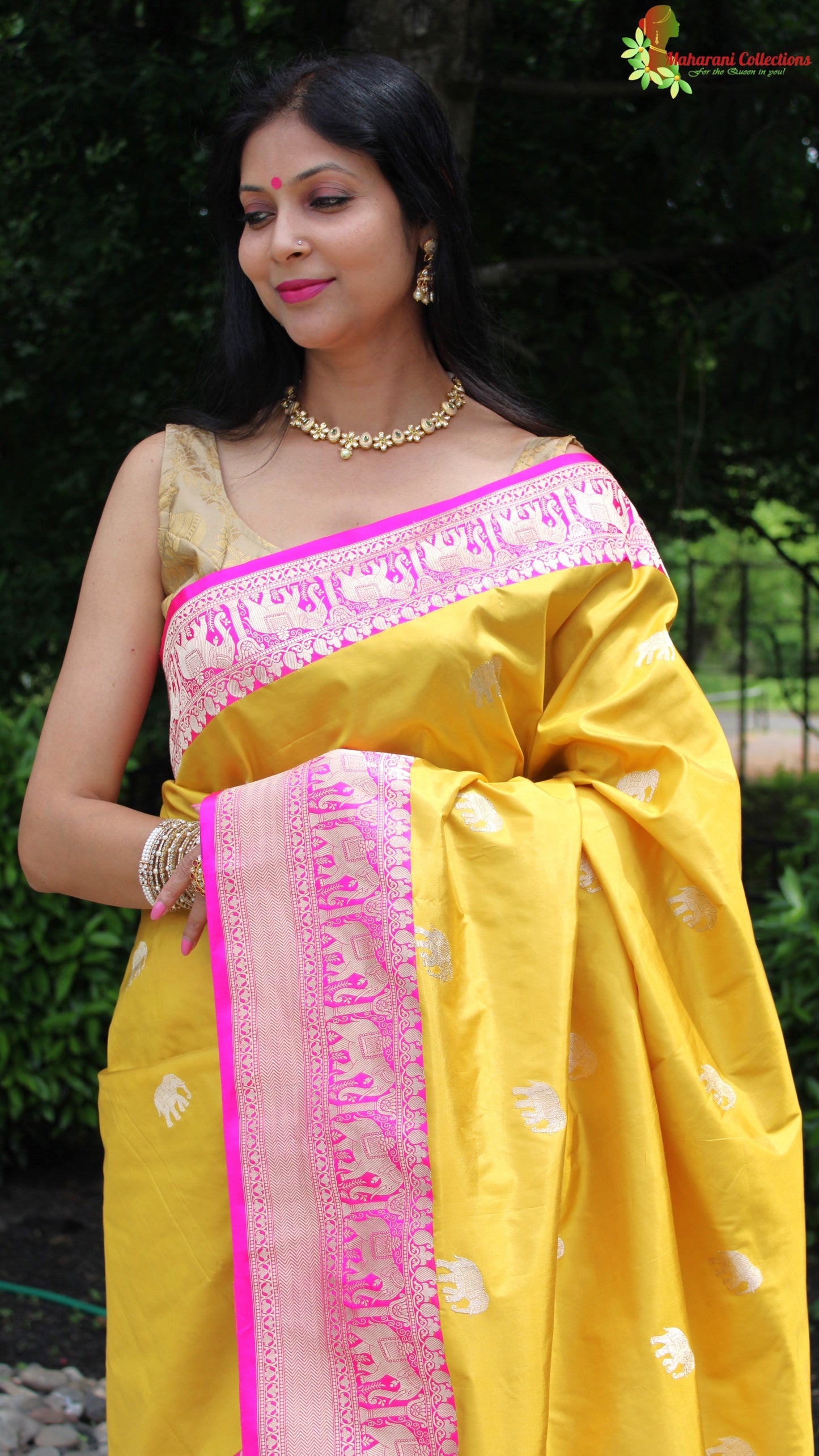 Maharani's Pure Heavy Zari Banarasi Silk Saree - Yellow & Pink (with Stitched Blouse and Petticoat)