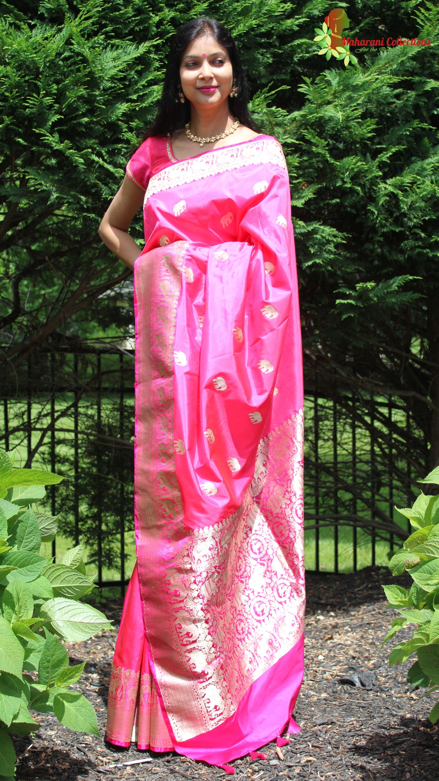 Maharani's Pure Heavy Zari Banarasi Silk Saree - Pink (with Stitched Blouse and Petticoat)