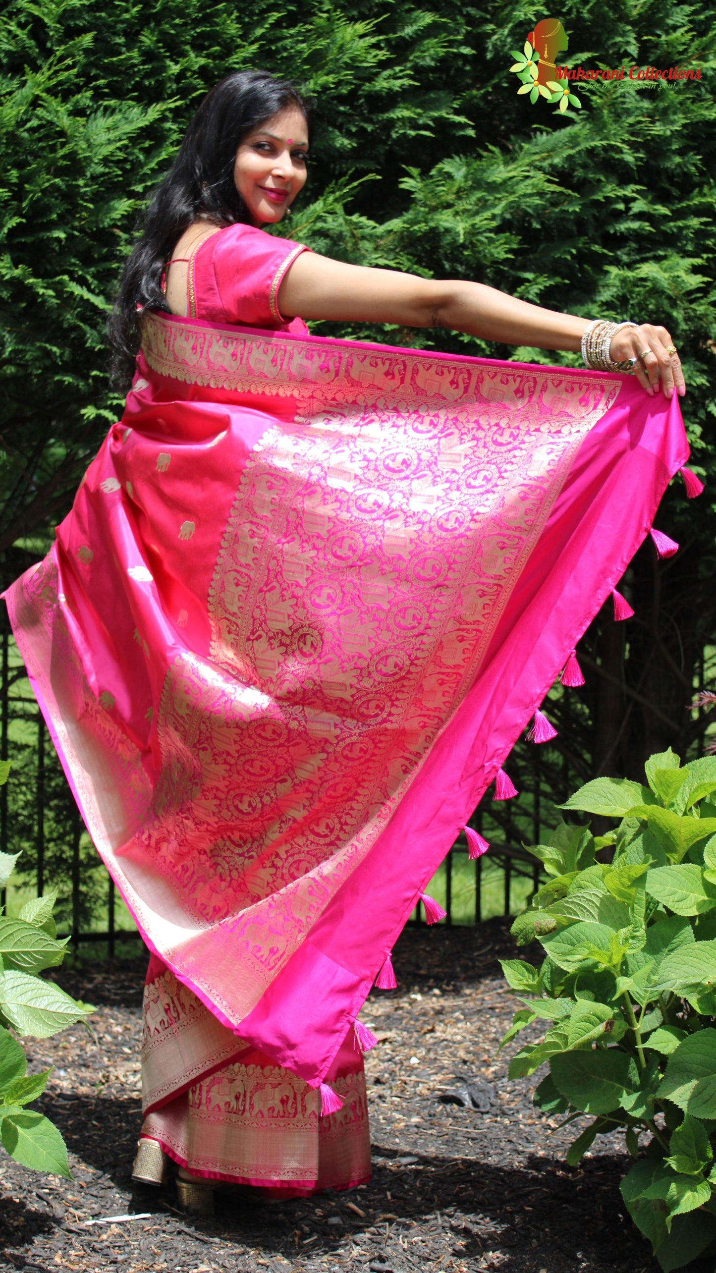 Maharani's Pure Heavy Zari Banarasi Silk Saree - Pink (with Stitched Blouse and Petticoat)