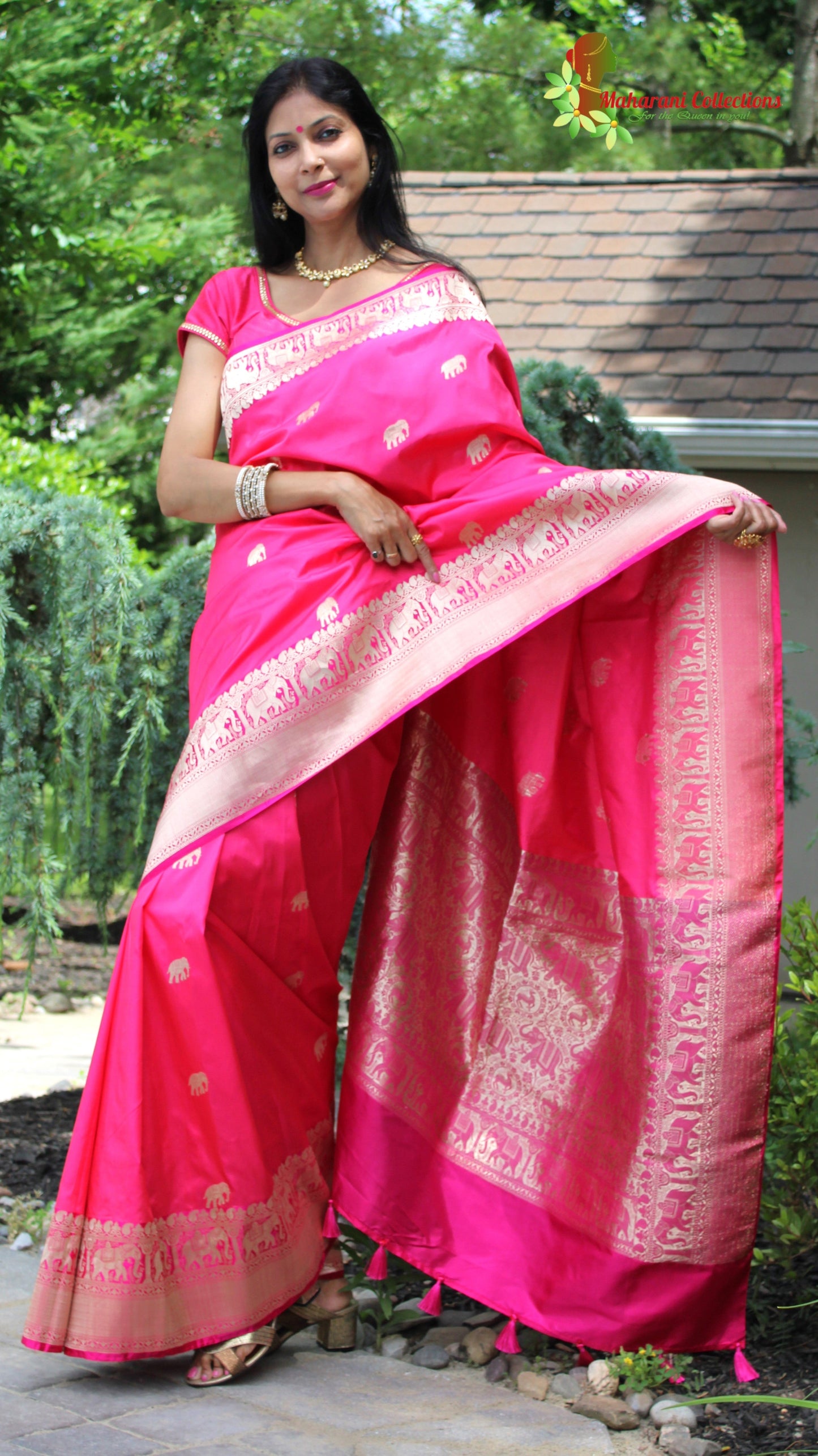 Maharani's Pure Heavy Zari Banarasi Silk Saree - Pink (with Stitched Blouse and Petticoat)