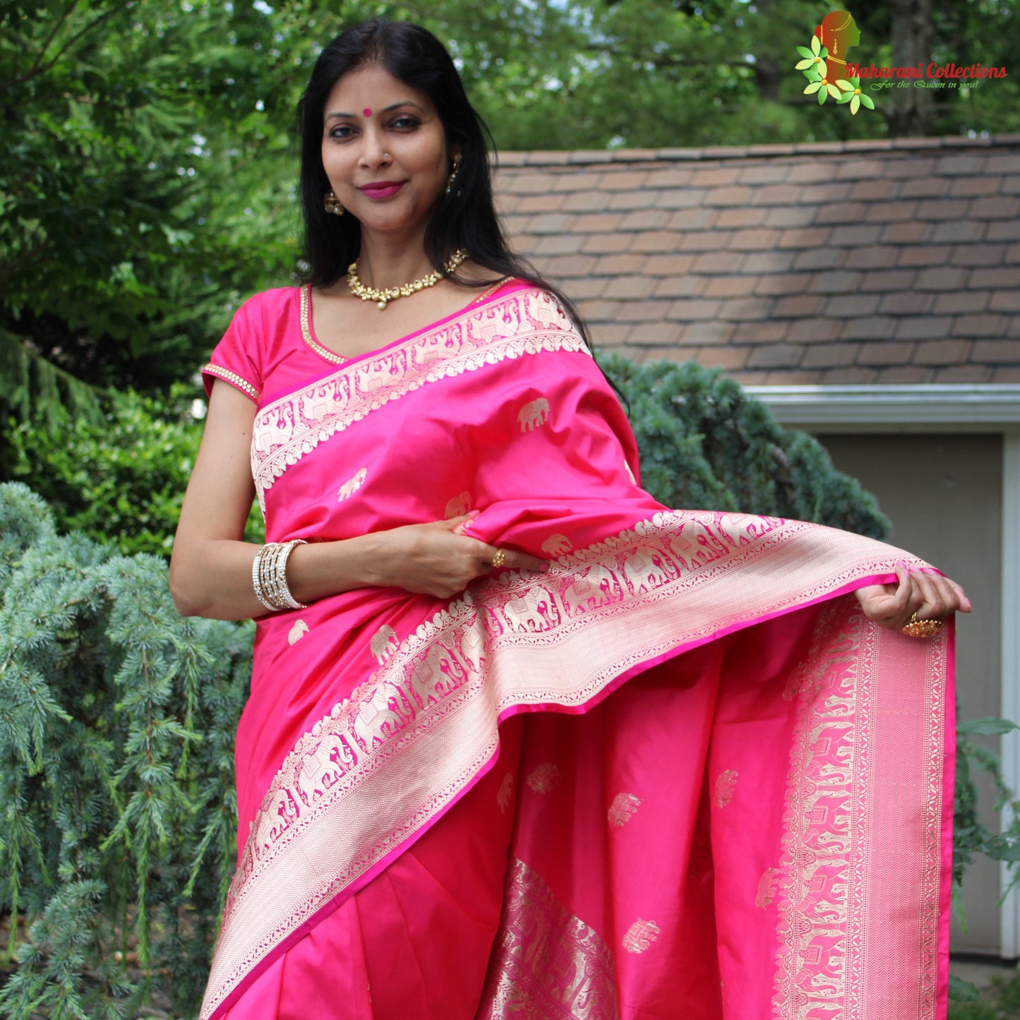 Maharani's Pure Heavy Zari Banarasi Silk Saree - Pink (with Stitched Blouse and Petticoat)