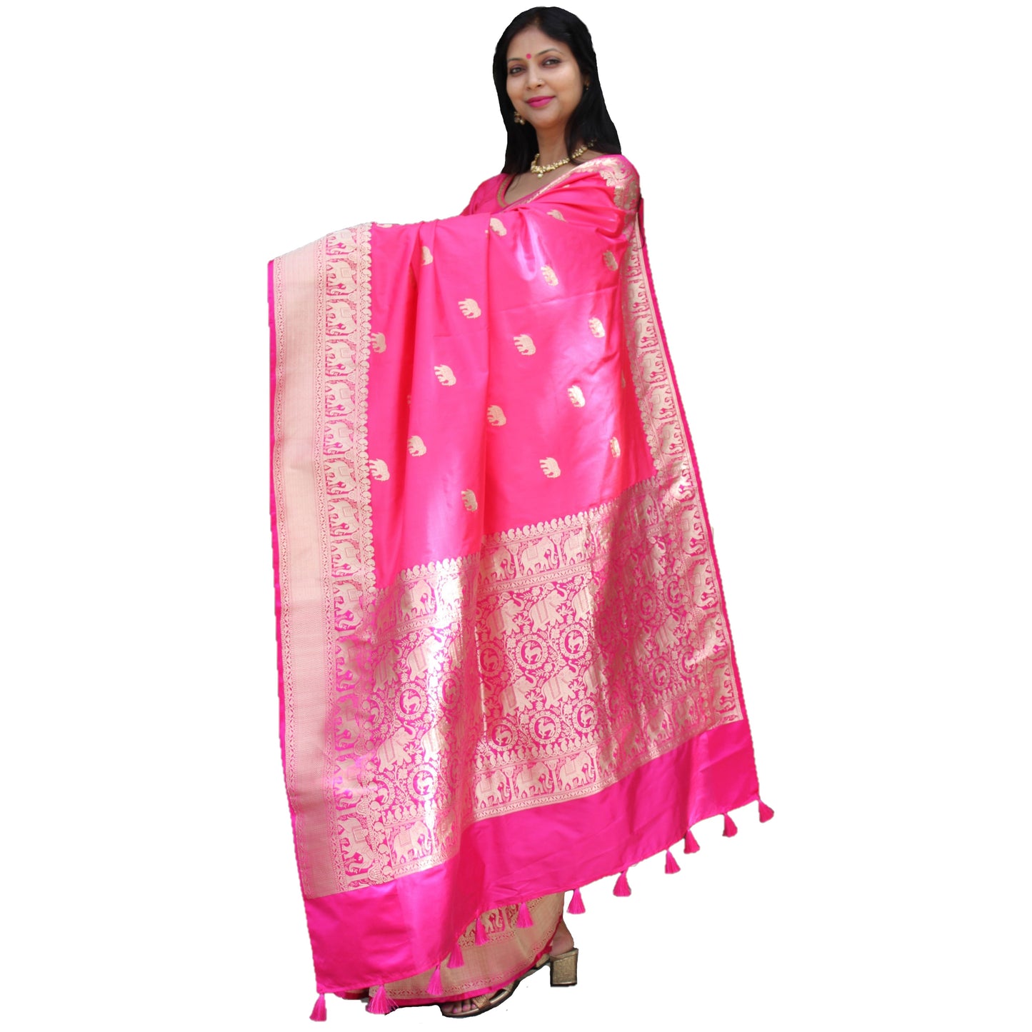 Maharani's Pure Heavy Zari Banarasi Silk Saree - Pink (with Stitched Blouse and Petticoat)