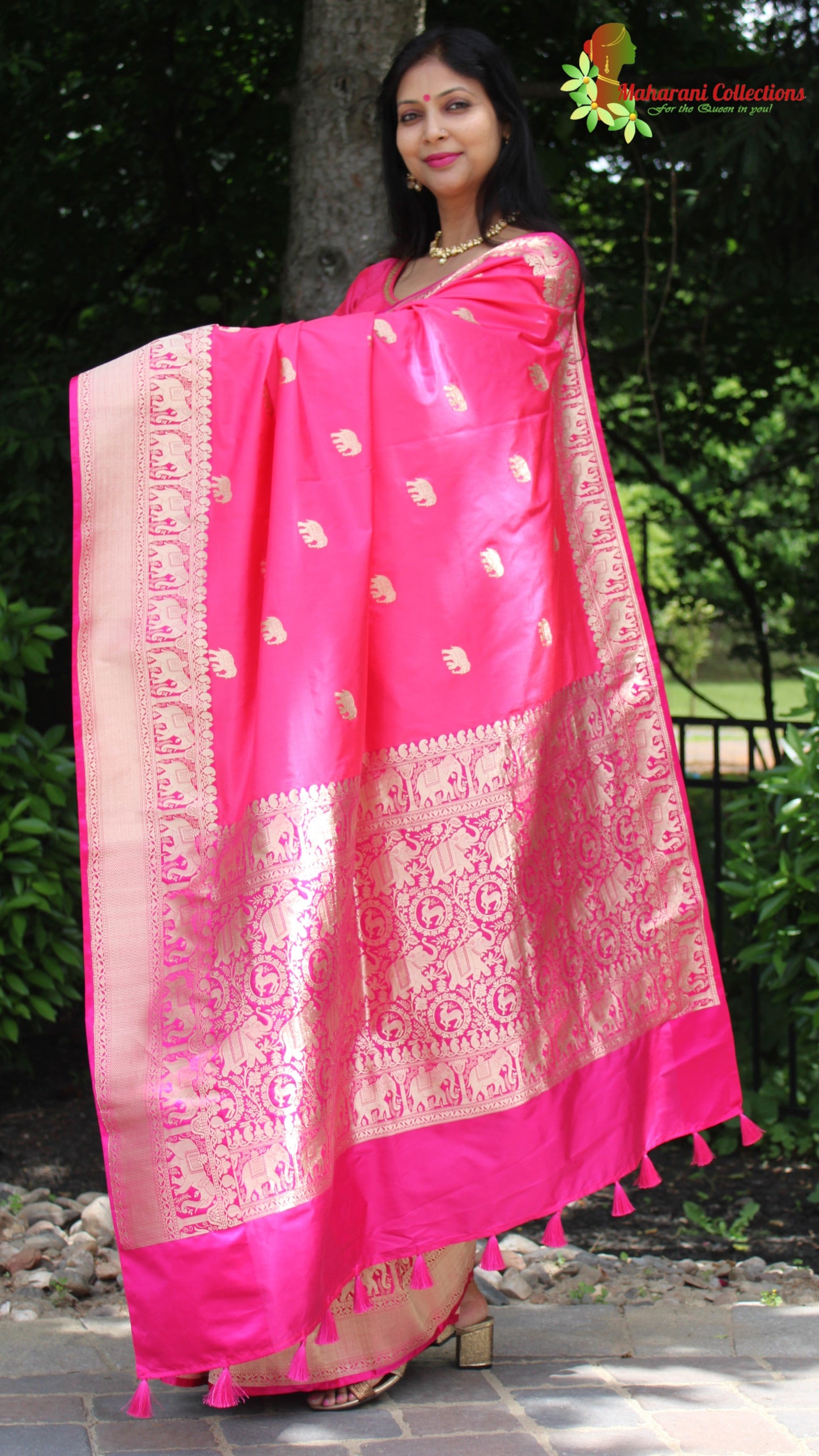 Maharani's Pure Heavy Zari Banarasi Silk Saree - Pink (with Stitched Blouse and Petticoat)