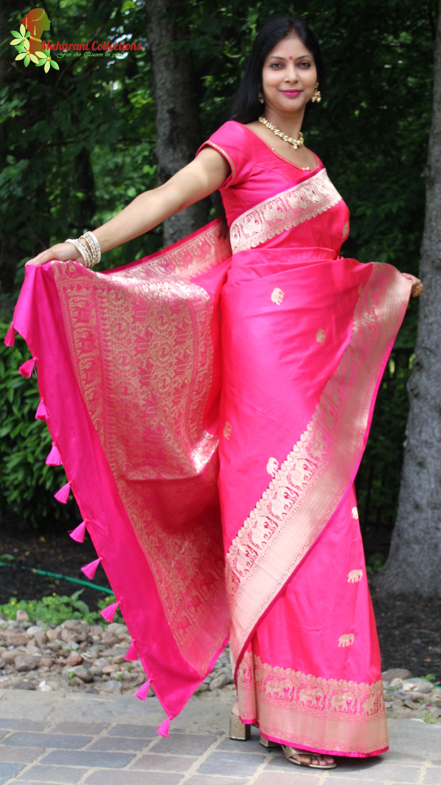 Maharani's Pure Heavy Zari Banarasi Silk Saree - Pink (with Stitched Blouse and Petticoat)