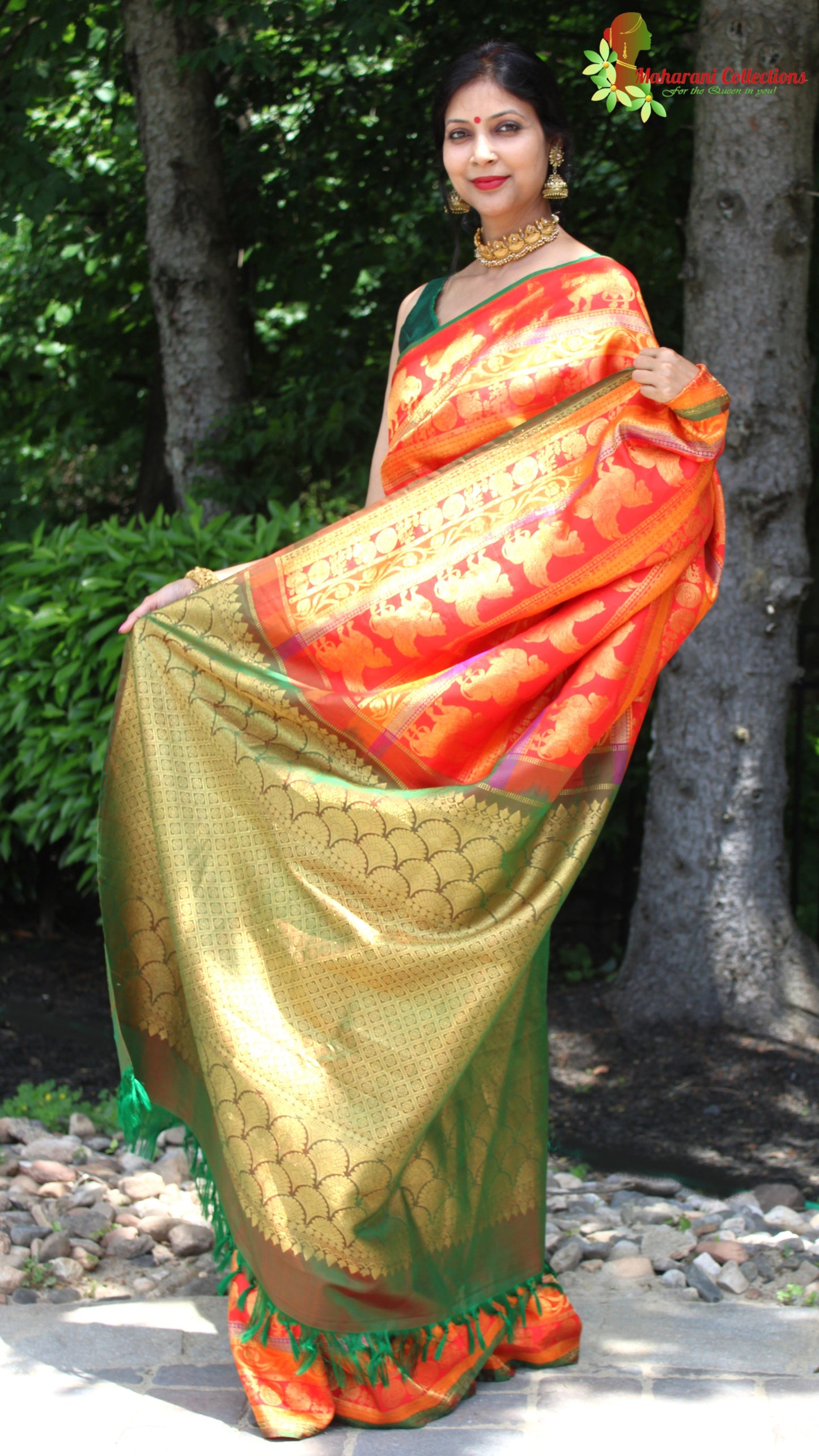 Maharani's Pure Handloom Kanjivaram Silk Saree - Bridal Red with Golden Zari and Boota Work