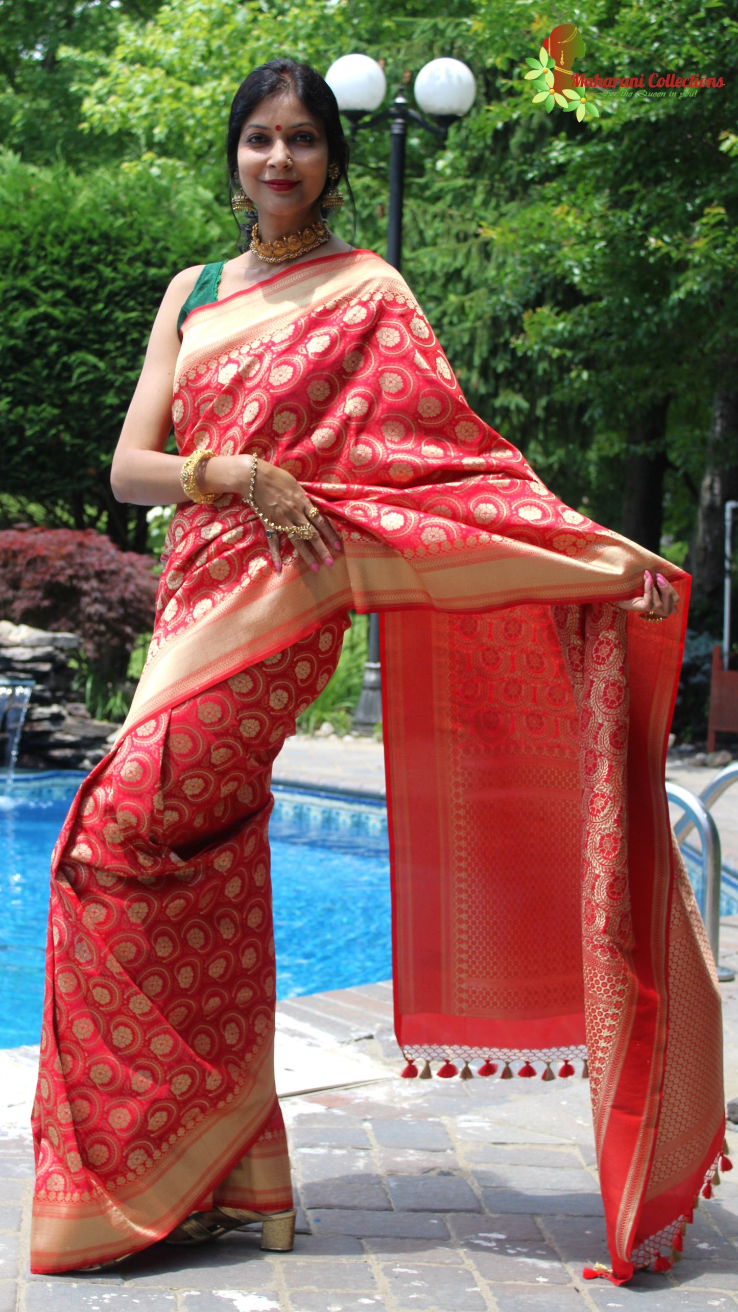 Maharani's Pure Heavy Zari Banarasi Silk Saree - Bridal Red (with Stitched Blouse and Petticoat)