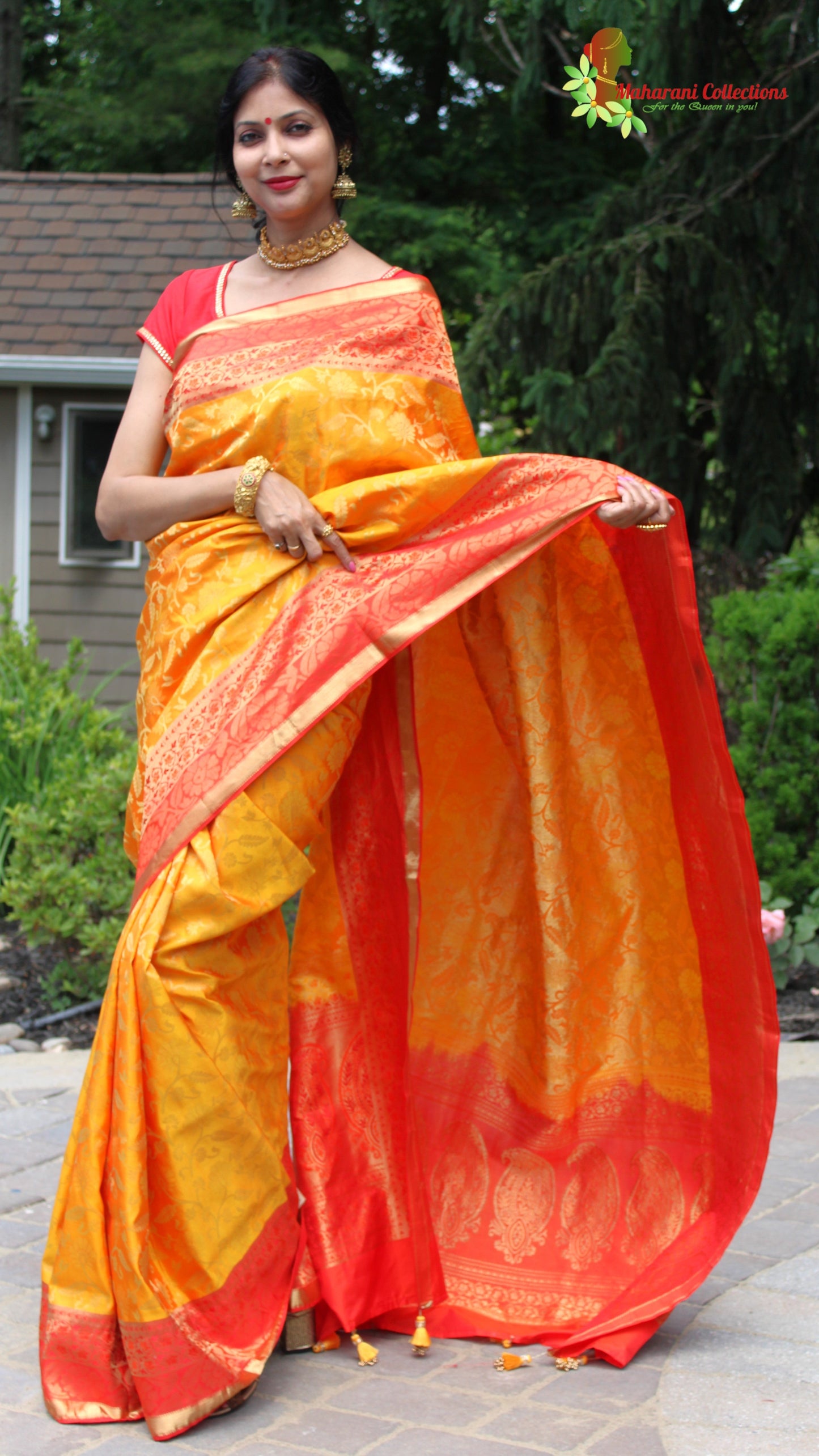 Maharani's Pure Heavy Zari Banarasi Silk Saree - Yellow (with Stitched Blouse and Petticoat)
