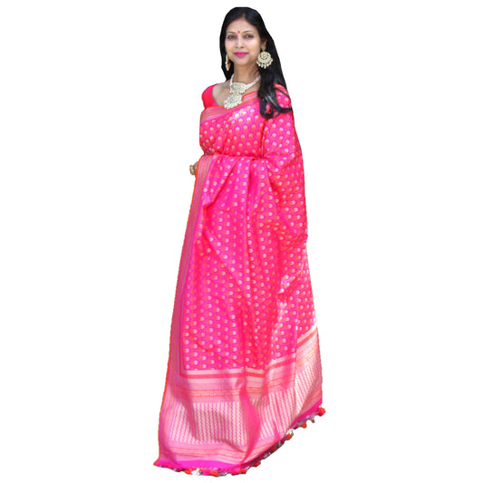 Maharani's Pure Banarasi Silk Saree - Pink (with Stitched Blouse and Petticoat)