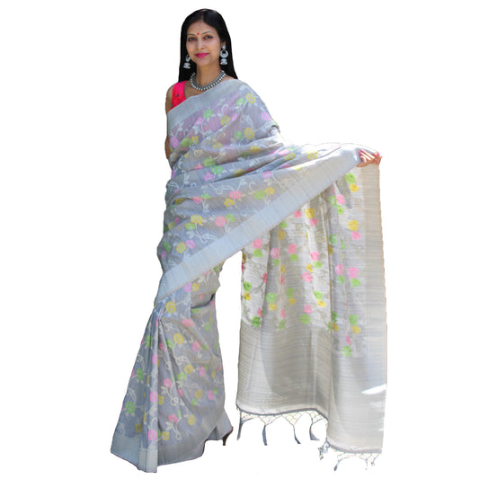 Maharani's Pure Banarasi Silk Saree - Silver Gray (with Stitched Blouse and Petticoat)