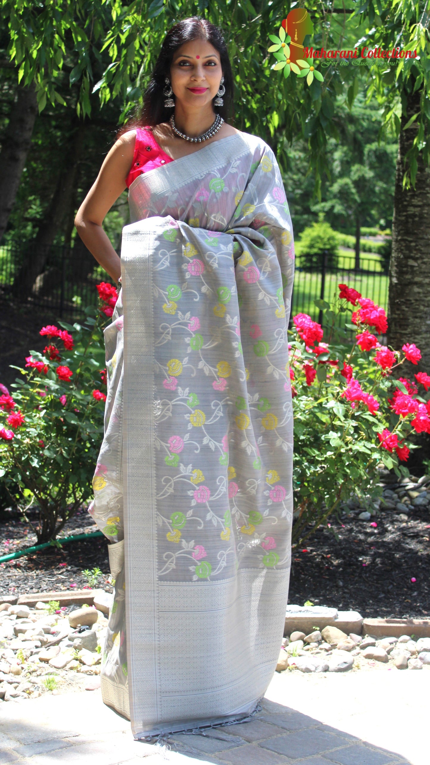Maharani's Pure Banarasi Silk Saree - Silver Gray (with Stitched Blouse and Petticoat)