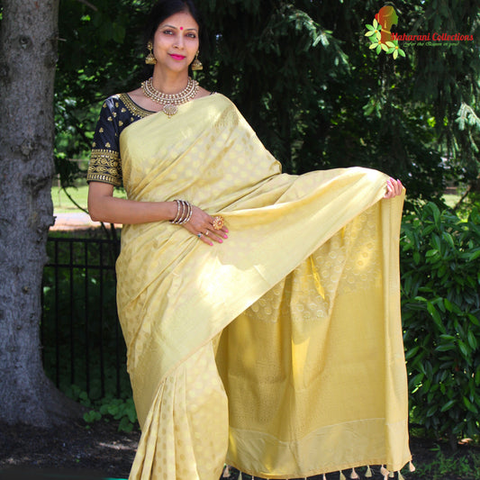 Maharani's Pure Banarasi Silk Saree - Olive Yellow (with Stitched Blouse and Petticoat)