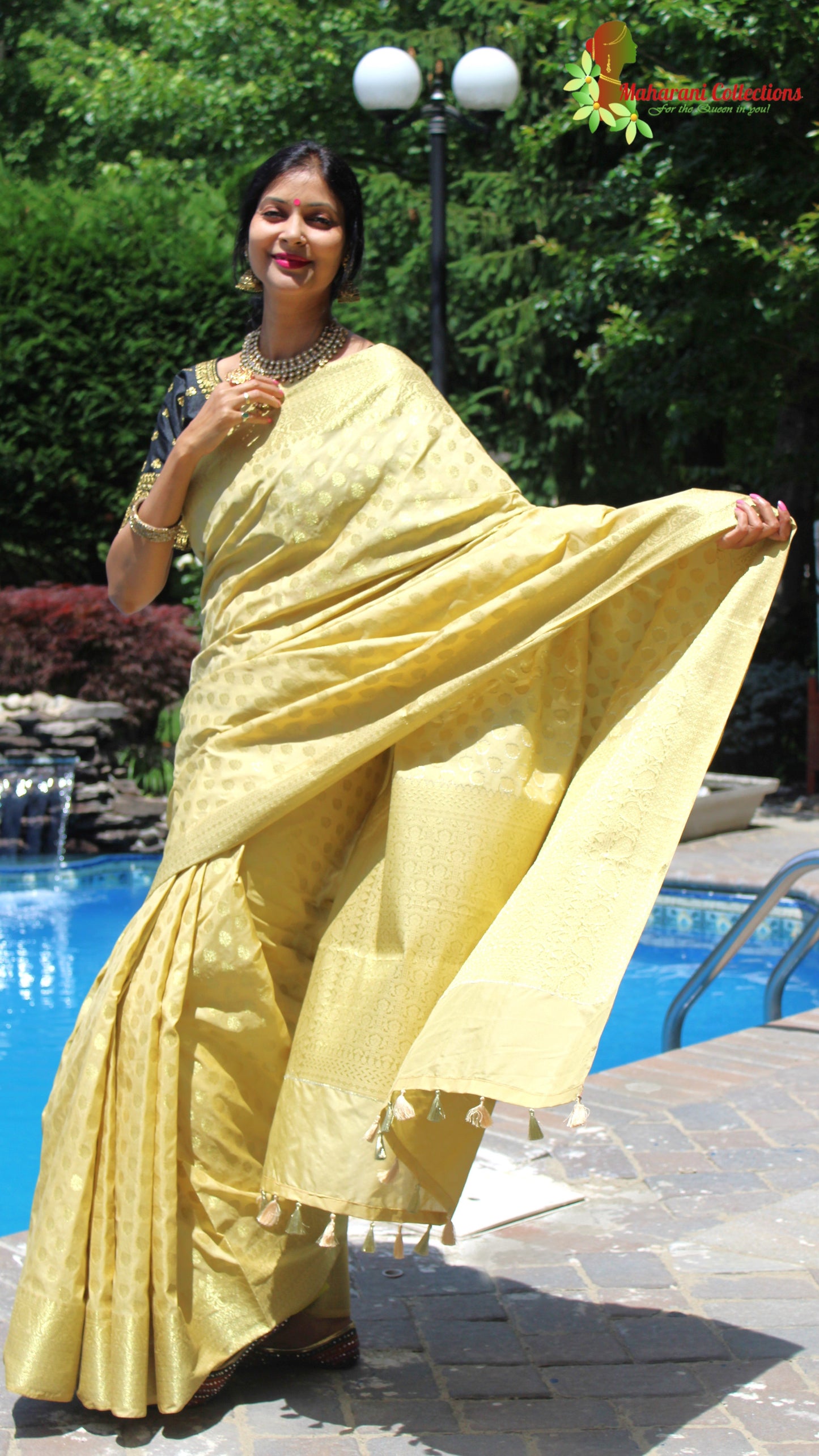 Maharani's Pure Banarasi Silk Saree - Olive Yellow (with Stitched Blouse and Petticoat)