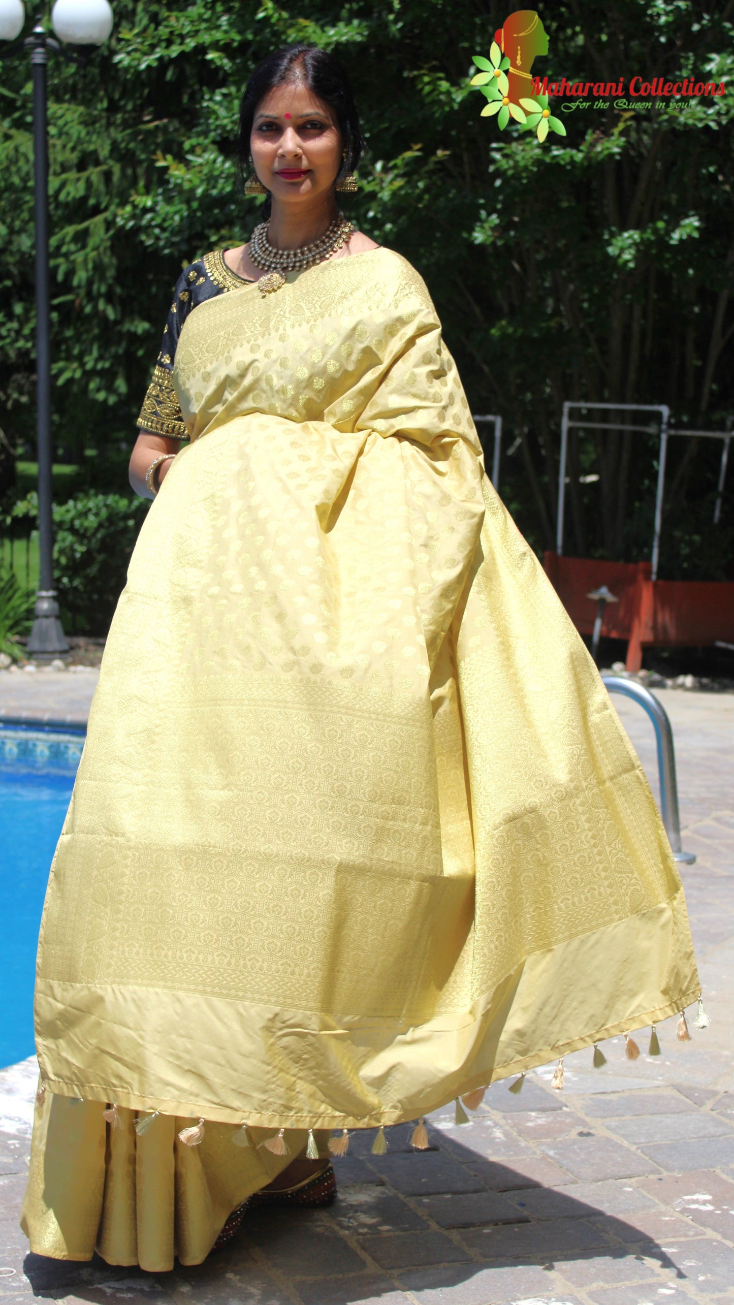 Maharani's Pure Banarasi Silk Saree - Olive Yellow (with Stitched Blouse and Petticoat)