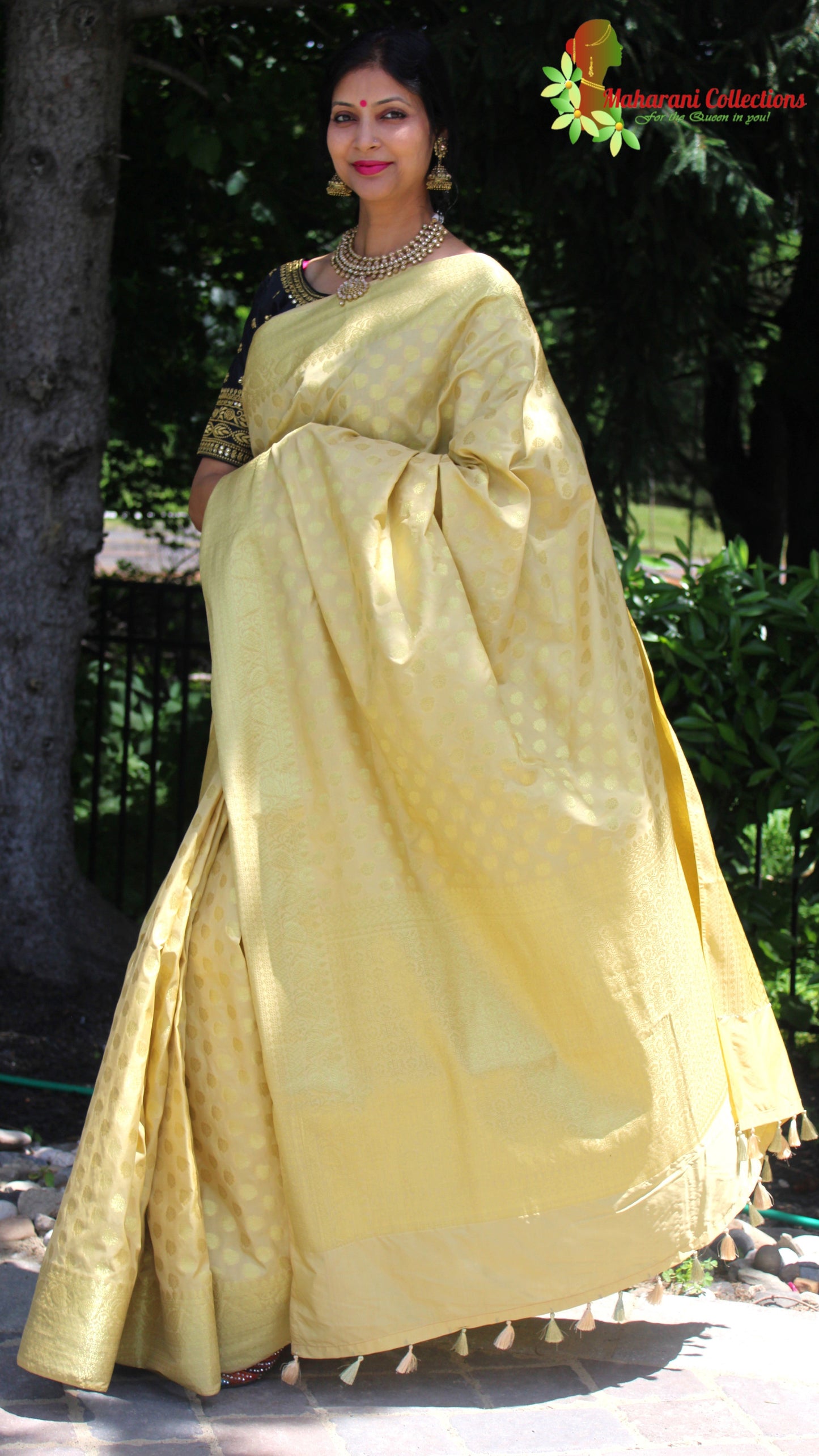 Maharani's Pure Banarasi Silk Saree - Olive Yellow (with Stitched Blouse and Petticoat)