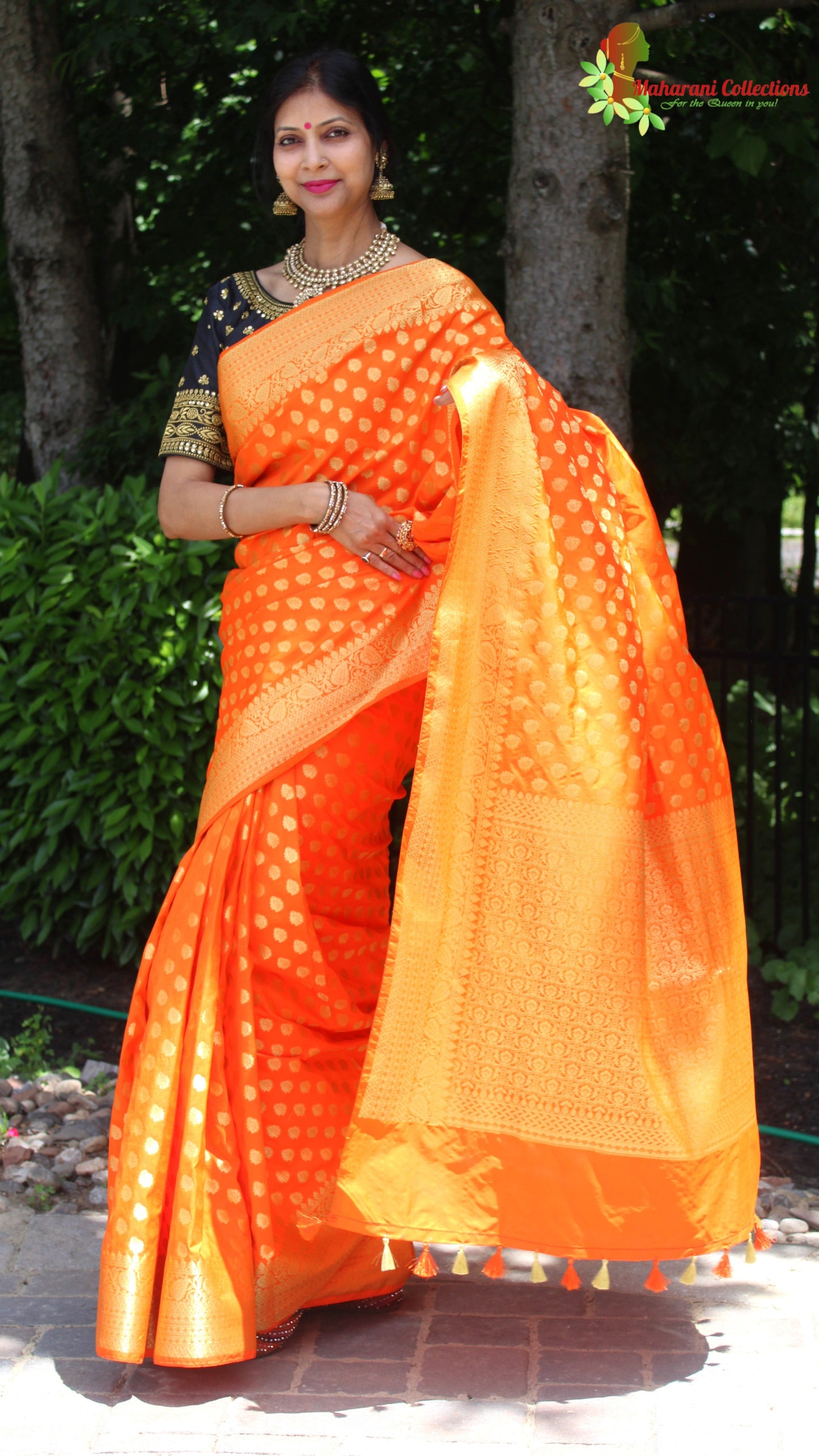 Maharani's Pure Banarasi Silk Saree - Orange (with Stitched Blouse and Petticoat)