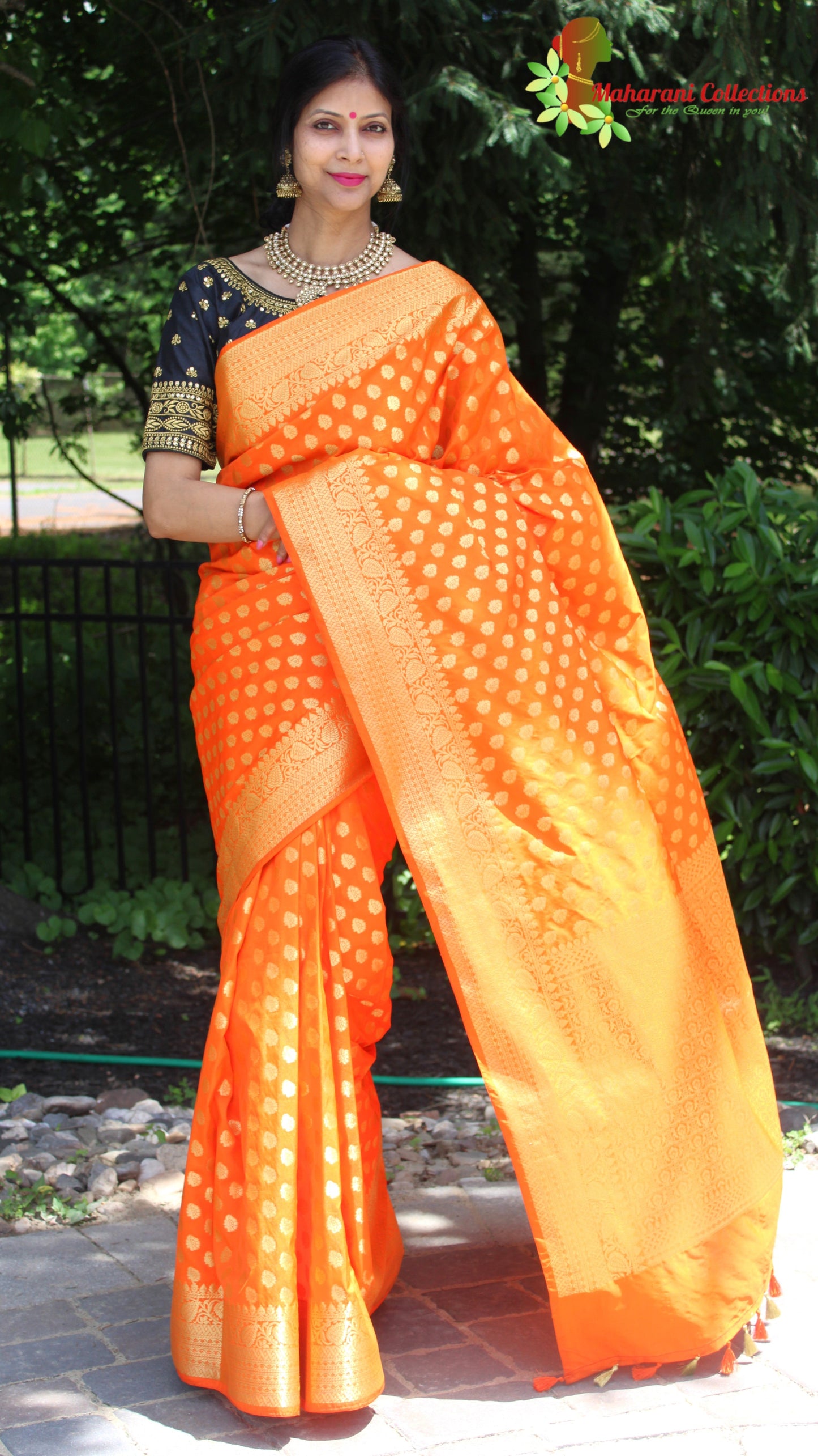 Maharani's Pure Banarasi Silk Saree - Orange (with Stitched Blouse and Petticoat)