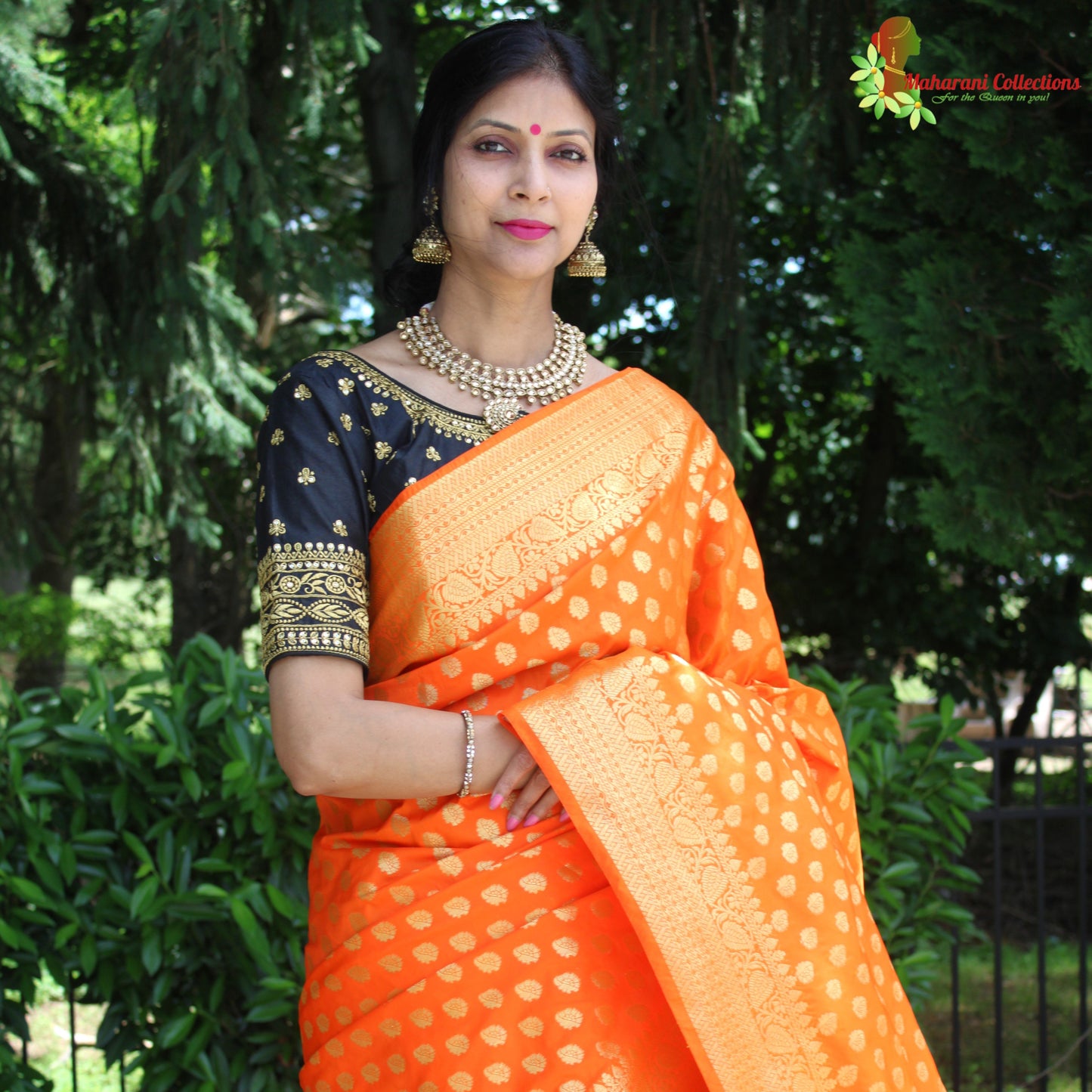 Maharani's Pure Banarasi Silk Saree - Orange (with Stitched Blouse and Petticoat)