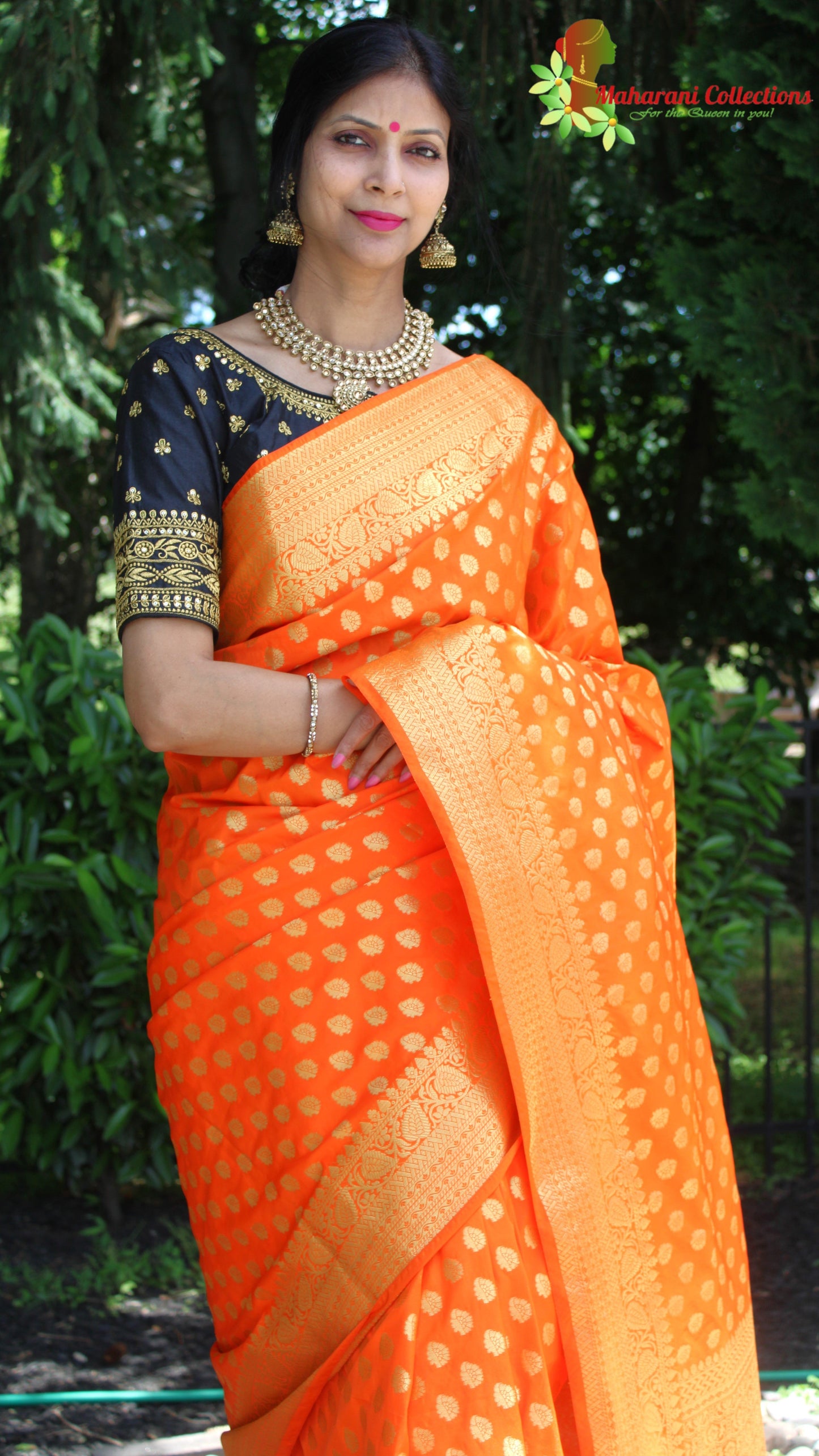 Maharani's Pure Banarasi Silk Saree - Orange (with Stitched Blouse and Petticoat)