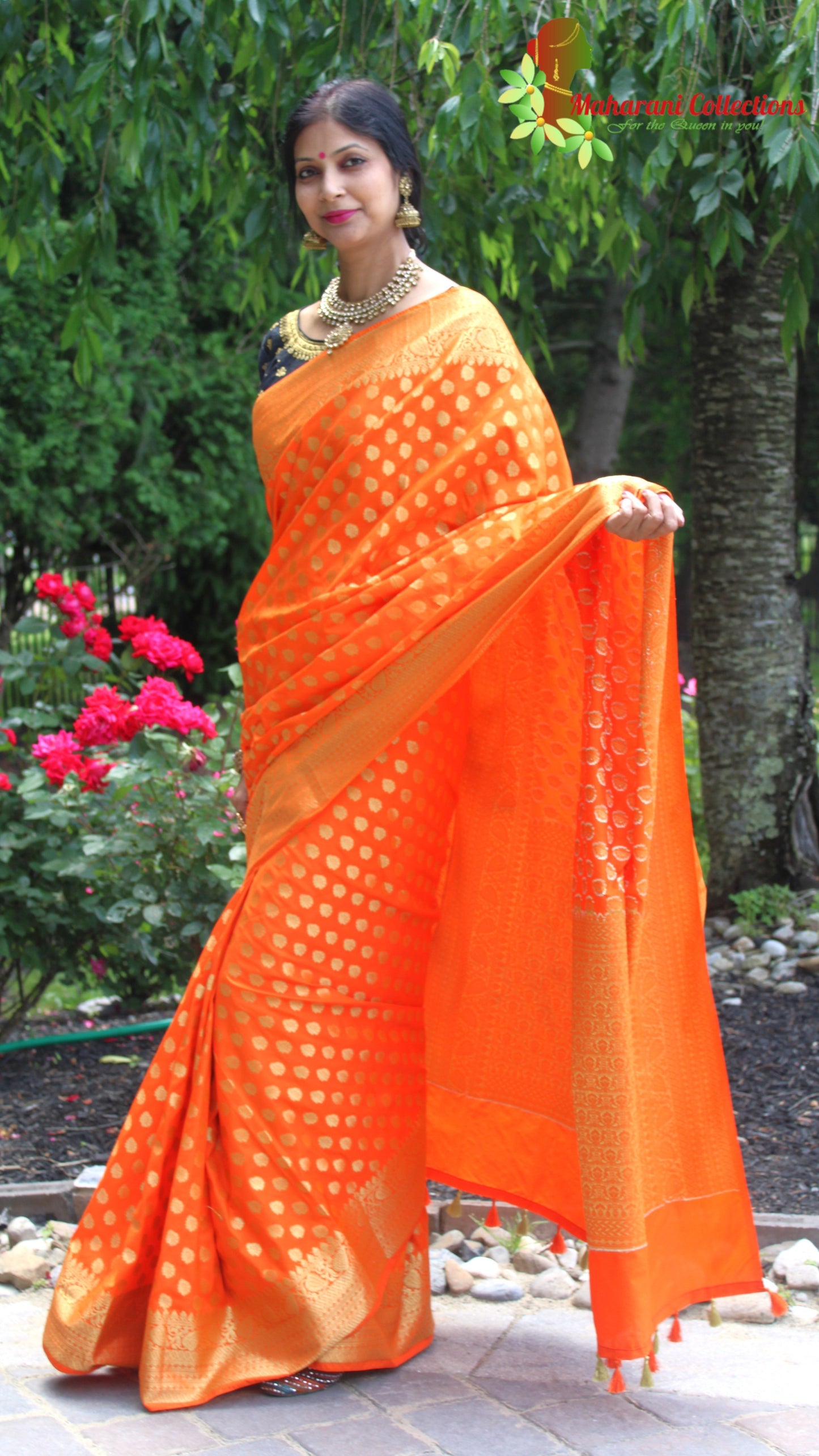 Maharani's Pure Banarasi Silk Saree - Orange (with Stitched Blouse and Petticoat)