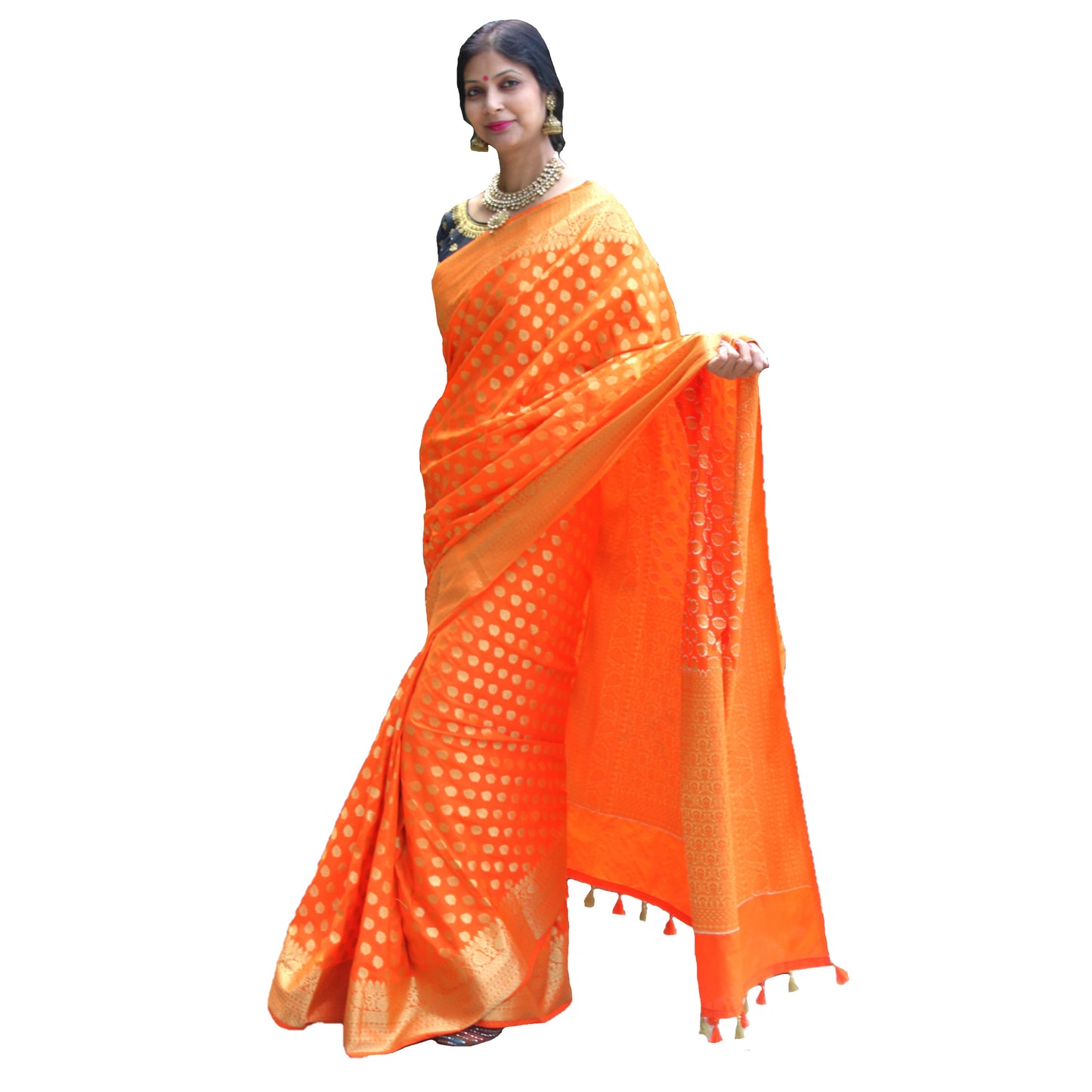 Maharani's Pure Banarasi Silk Saree - Orange (with Stitched Blouse and Petticoat)