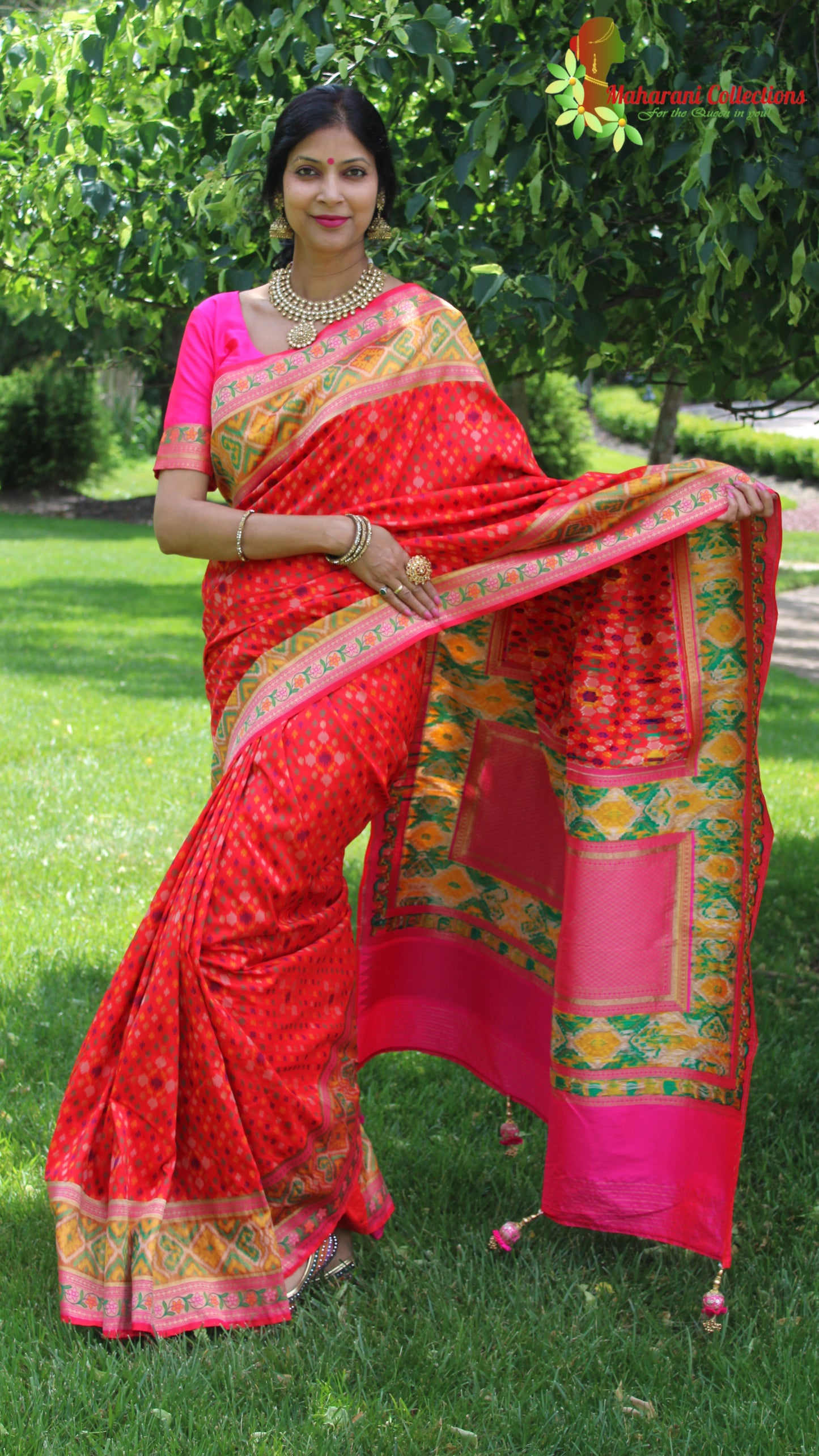 Maharani's Pure Banarasi Ikkat Patola Silk Saree - Red (with Stitched Blouse and Petticoat)