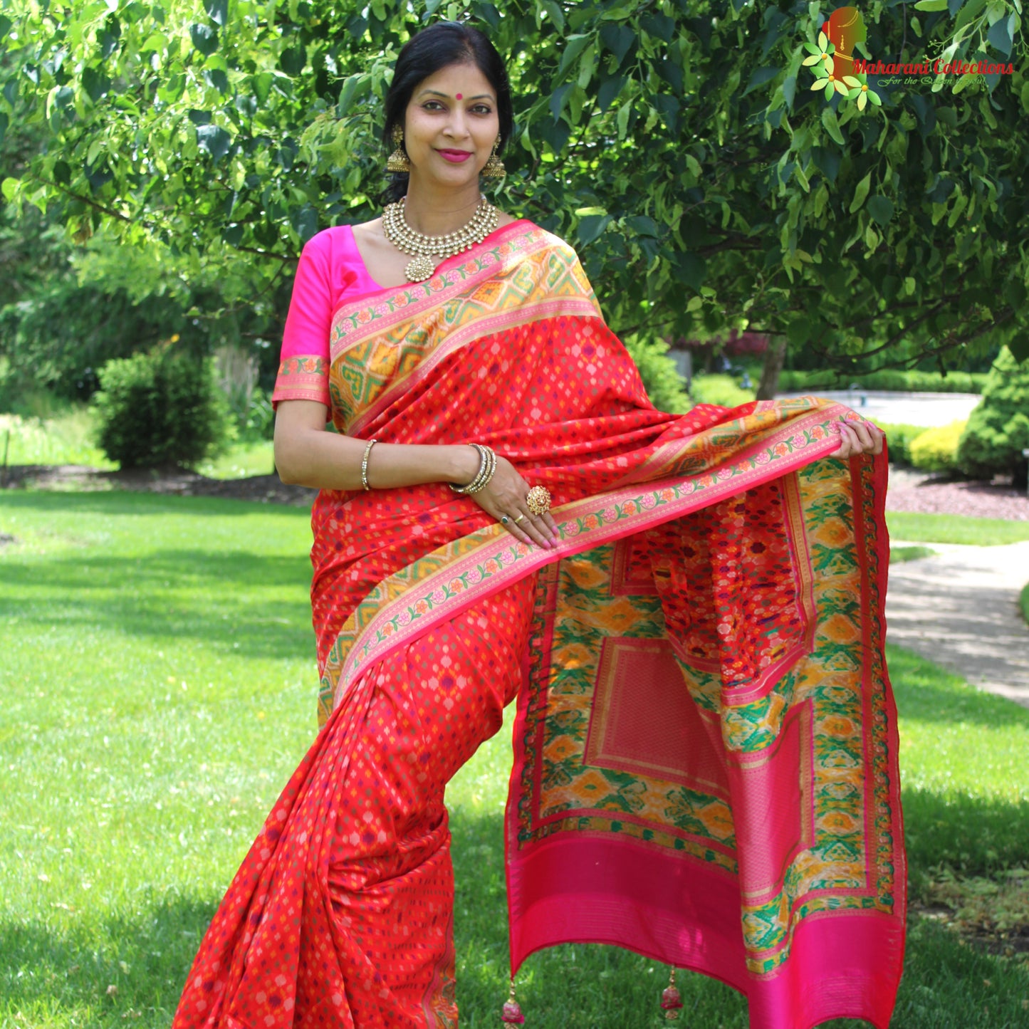 Maharani's Pure Banarasi Ikkat Patola Silk Saree - Red (with Stitched Blouse and Petticoat)