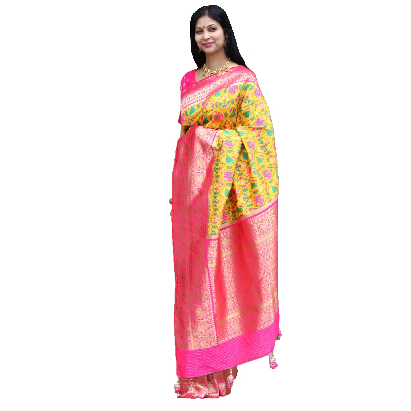 Maharani's Pure Banarasi Ikkat Patola Silk Saree - Mustard Yellow (with Stitched Blouse and Petticoat)