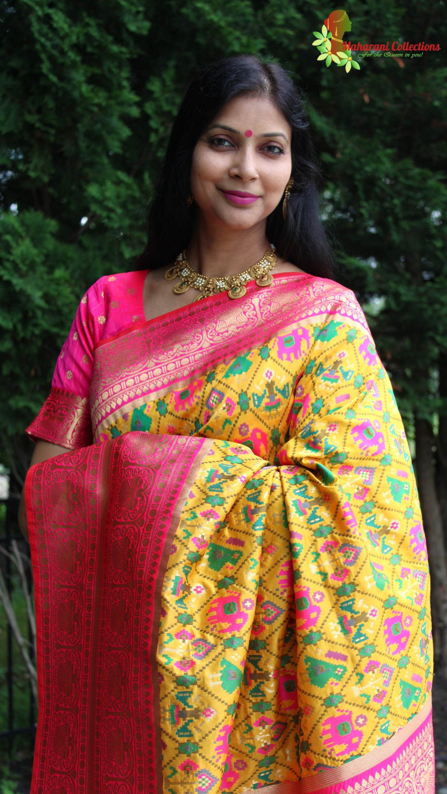 Maharani's Pure Banarasi Ikkat Patola Silk Saree - Mustard Yellow (with Stitched Blouse and Petticoat)