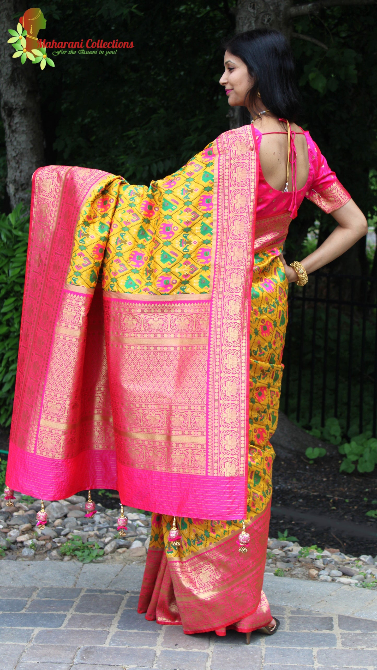 Maharani's Pure Banarasi Ikkat Patola Silk Saree - Mustard Yellow (with Stitched Blouse and Petticoat)