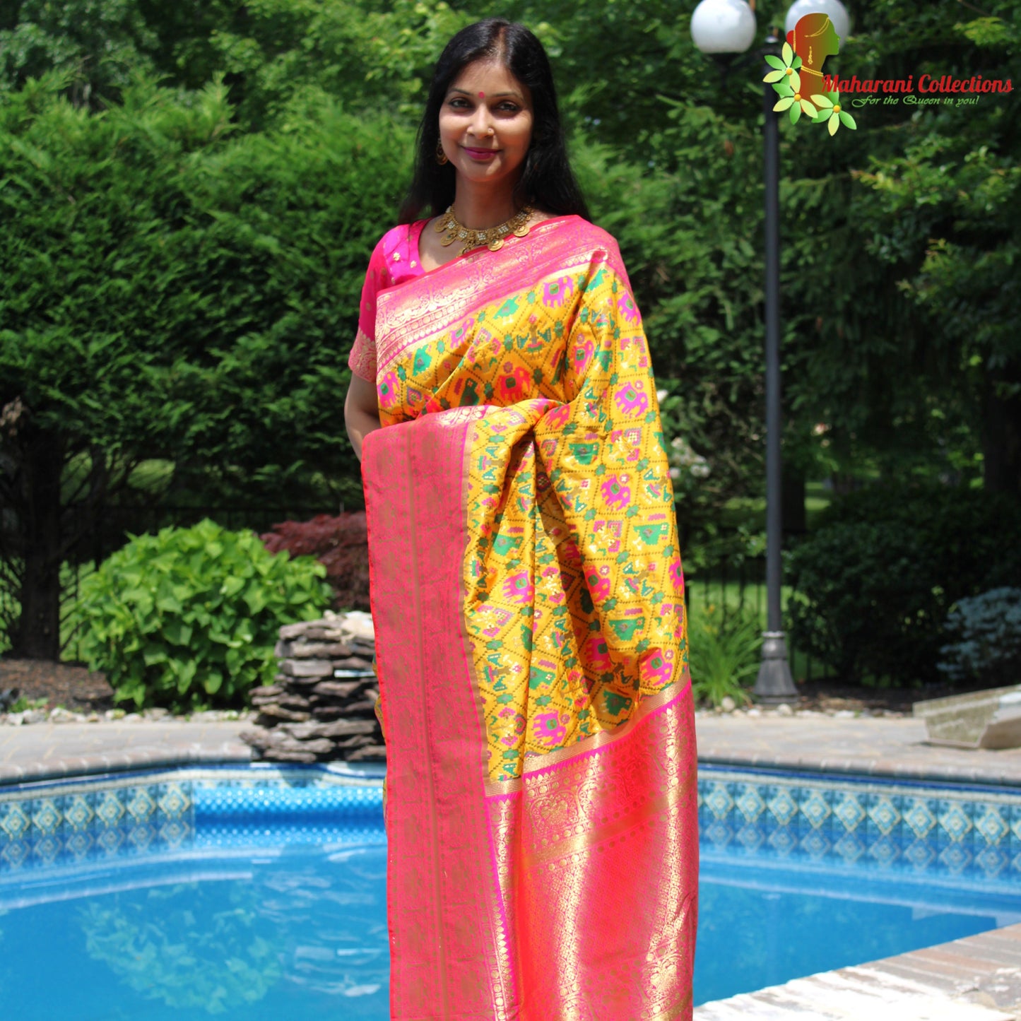 Maharani's Pure Banarasi Ikkat Patola Silk Saree - Mustard Yellow (with Stitched Blouse and Petticoat)