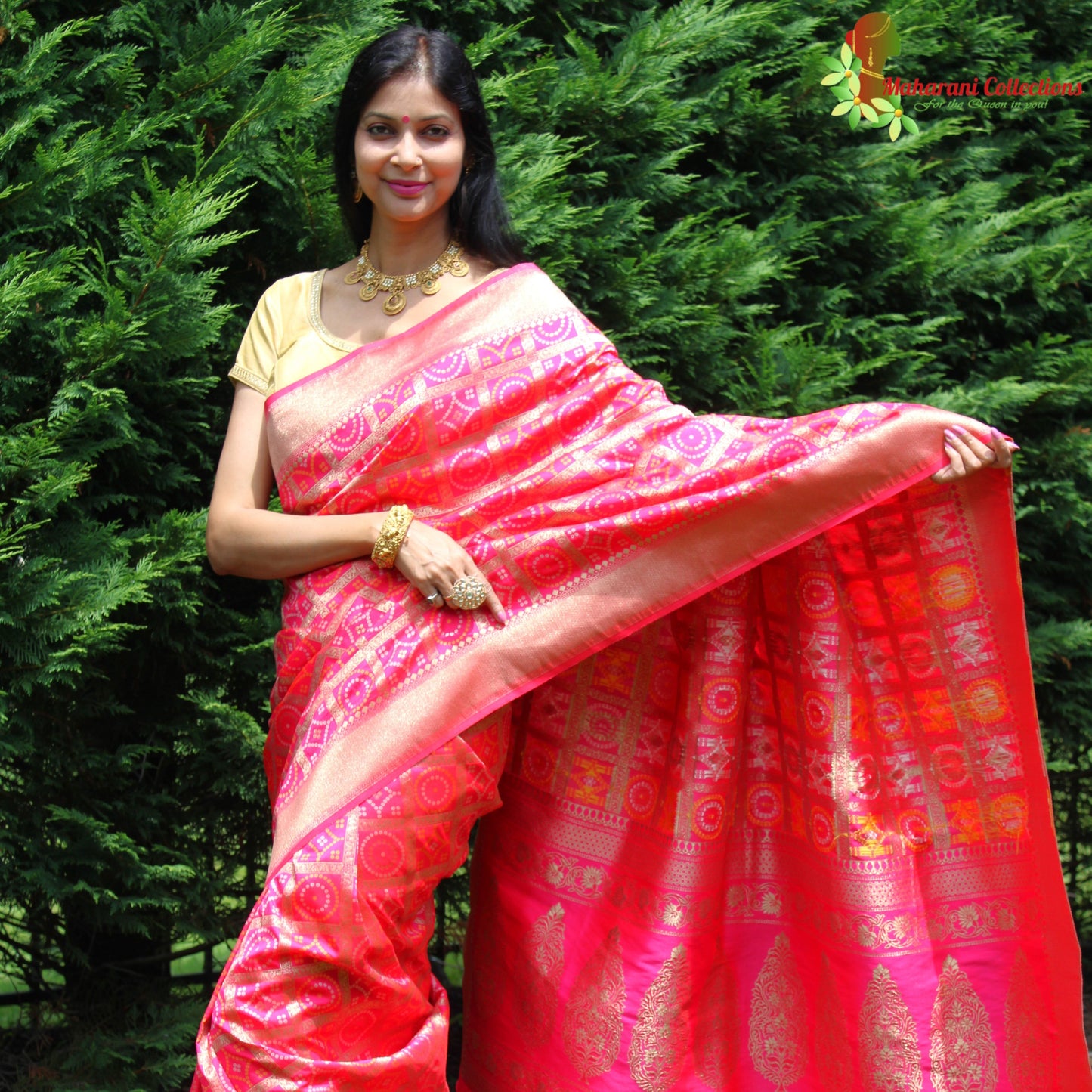 Maharani's Pure Banarasi Ikkat Patola Silk Saree - Pink (with Stitched Blouse and Petticoat)