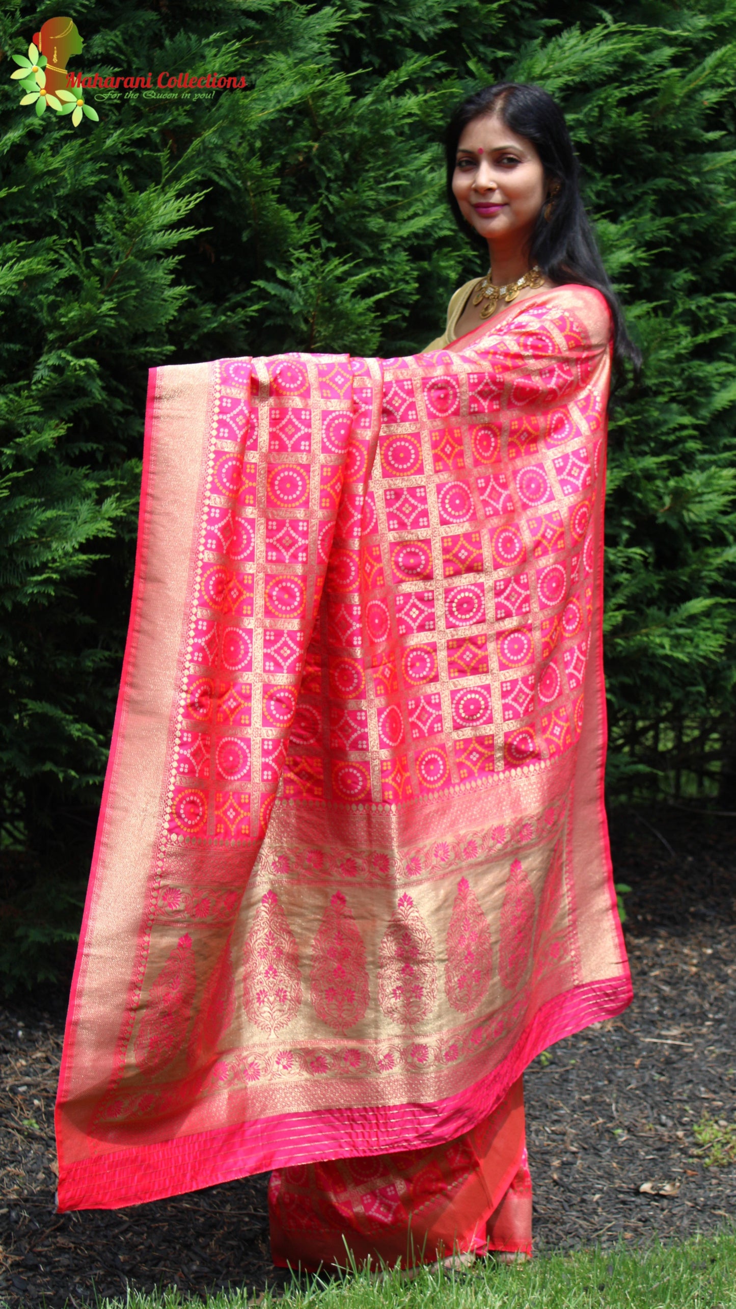 Maharani's Pure Banarasi Ikkat Patola Silk Saree - Pink (with Stitched Blouse and Petticoat)