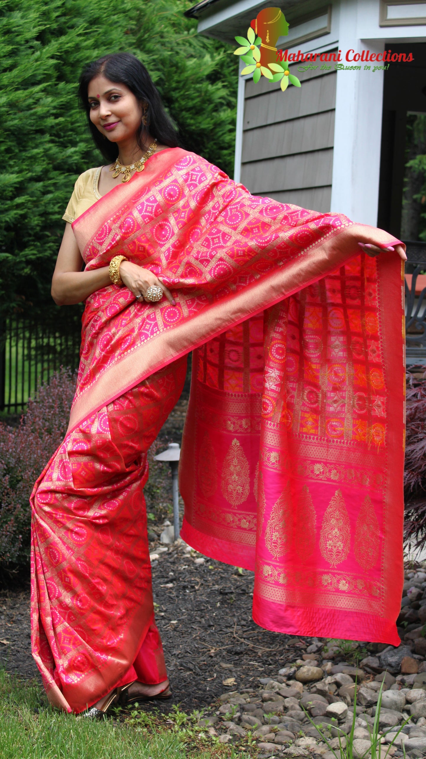 Maharani's Pure Banarasi Ikkat Patola Silk Saree - Pink (with Stitched Blouse and Petticoat)