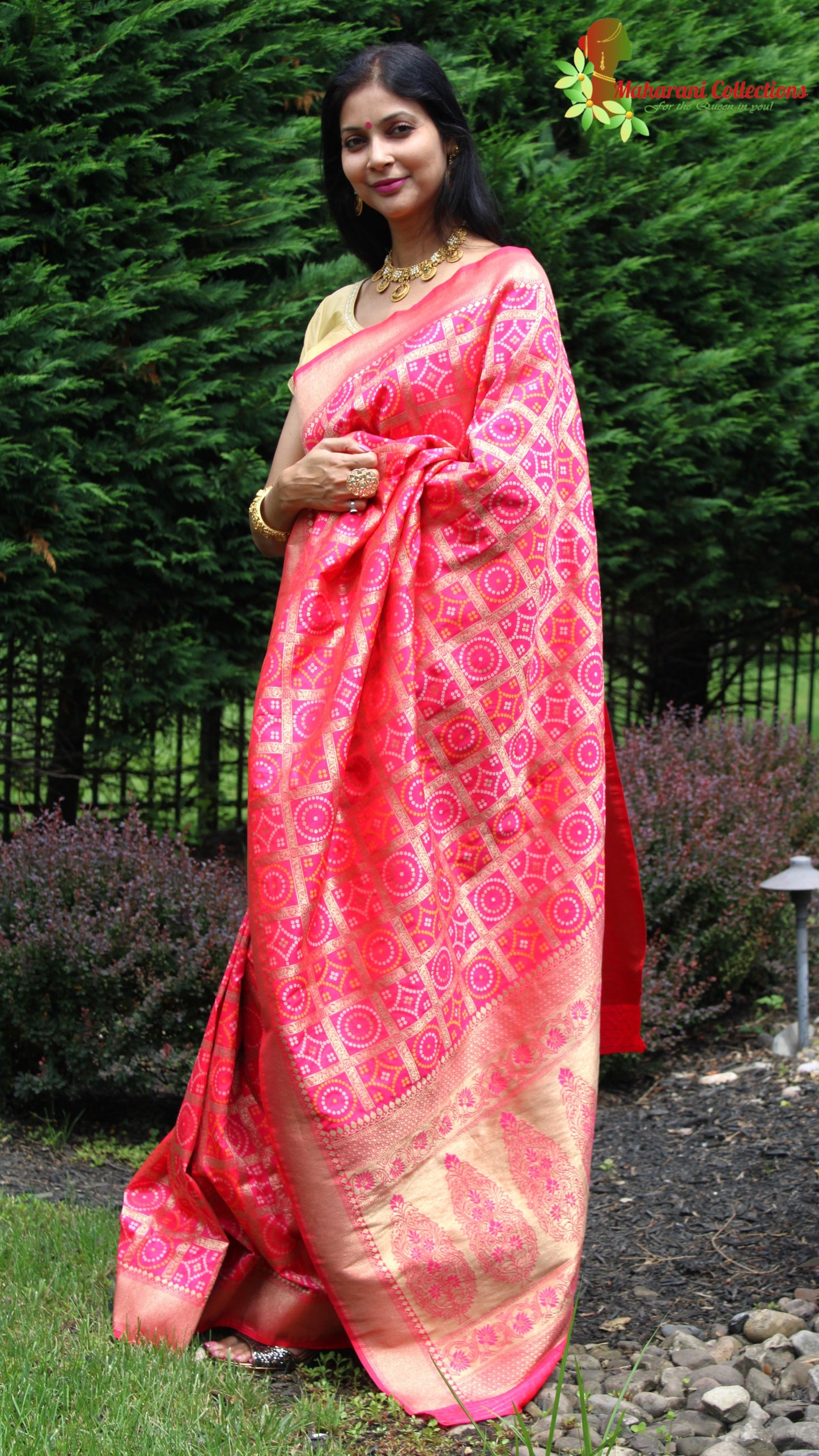 Maharani's Pure Banarasi Ikkat Patola Silk Saree - Pink (with Stitched Blouse and Petticoat)