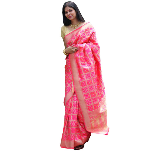 Maharani's Pure Banarasi Ikkat Patola Silk Saree - Pink (with Stitched Blouse and Petticoat)