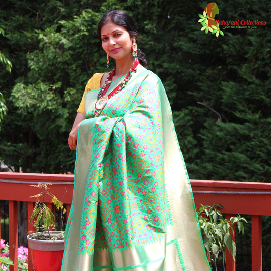 Maharani's Pure Banarasi Ikkat Patola Silk Saree - Green (with Stitched Blouse and Petticoat)