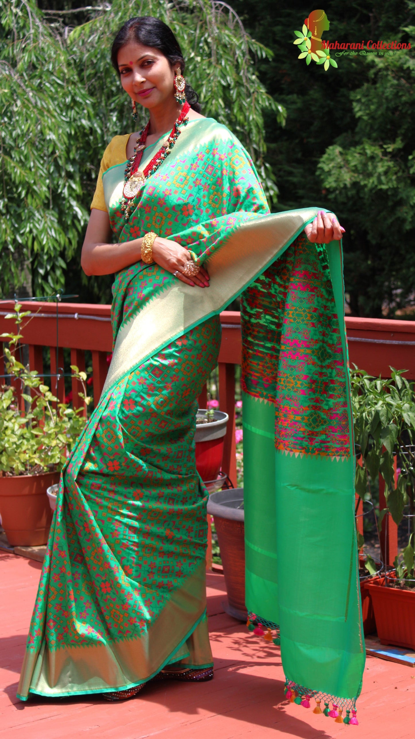 Maharani's Pure Banarasi Ikkat Patola Silk Saree - Green (with Stitched Blouse and Petticoat)