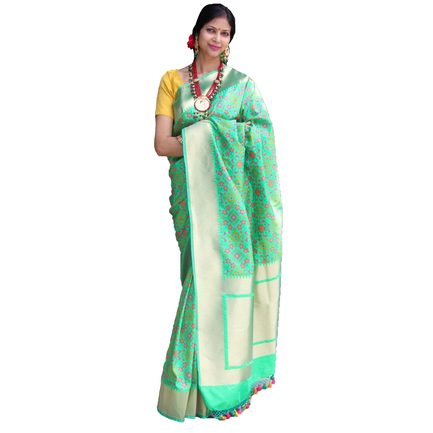 Maharani's Pure Banarasi Ikkat Patola Silk Saree - Green (with Stitched Blouse and Petticoat)