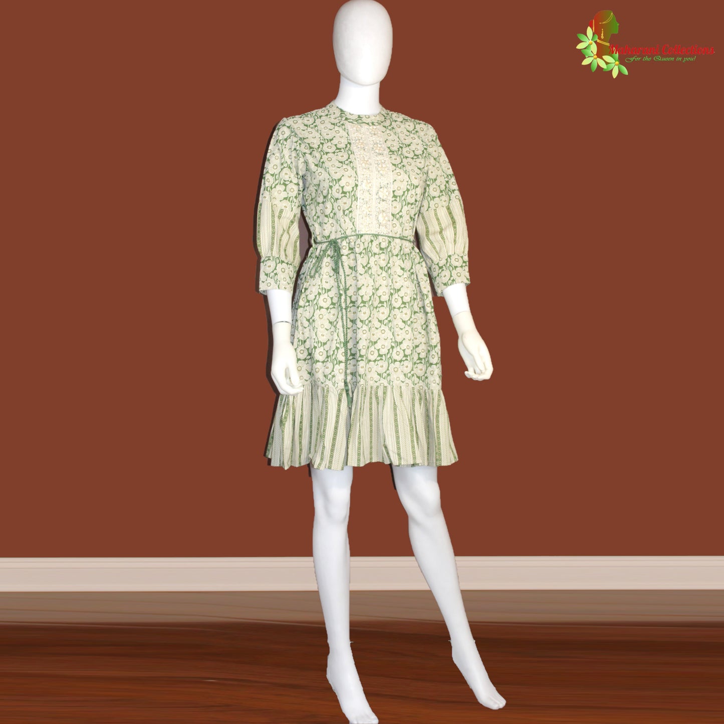 Maharani's Short Dress - Pure Cotton - Green and Cream (S, M, L, XL)
