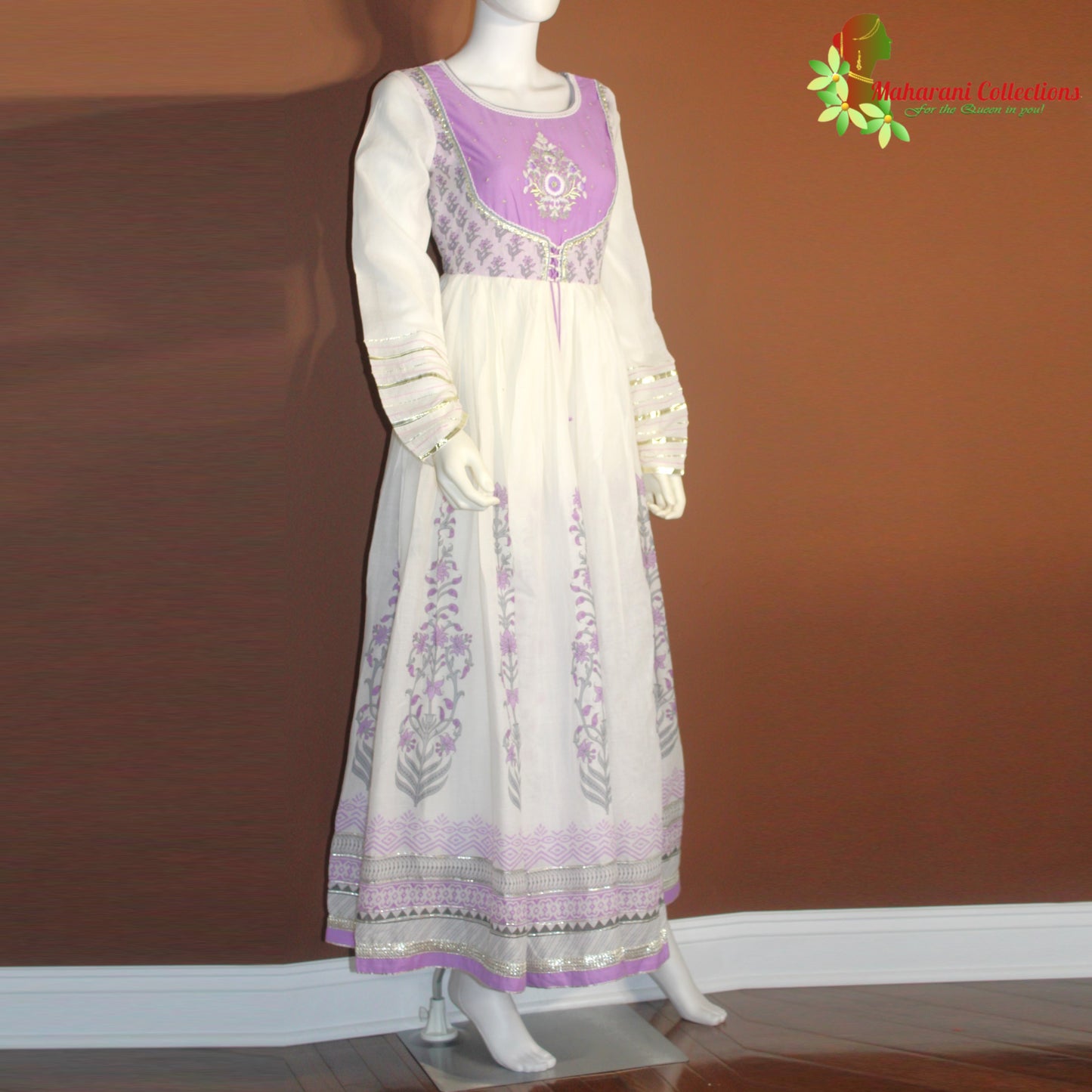 Maharani's Anarkali Suit - Soft Cotton - Purple and White (S, XL)