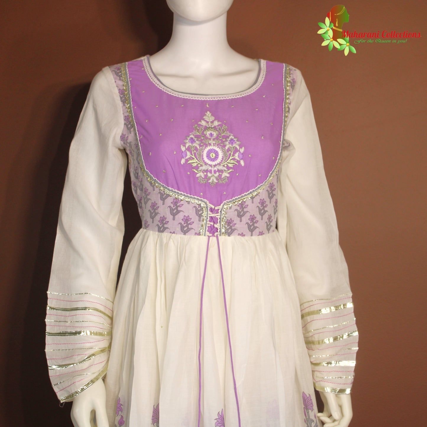 Maharani's Anarkali Suit - Soft Cotton - Purple and White (S, XL)