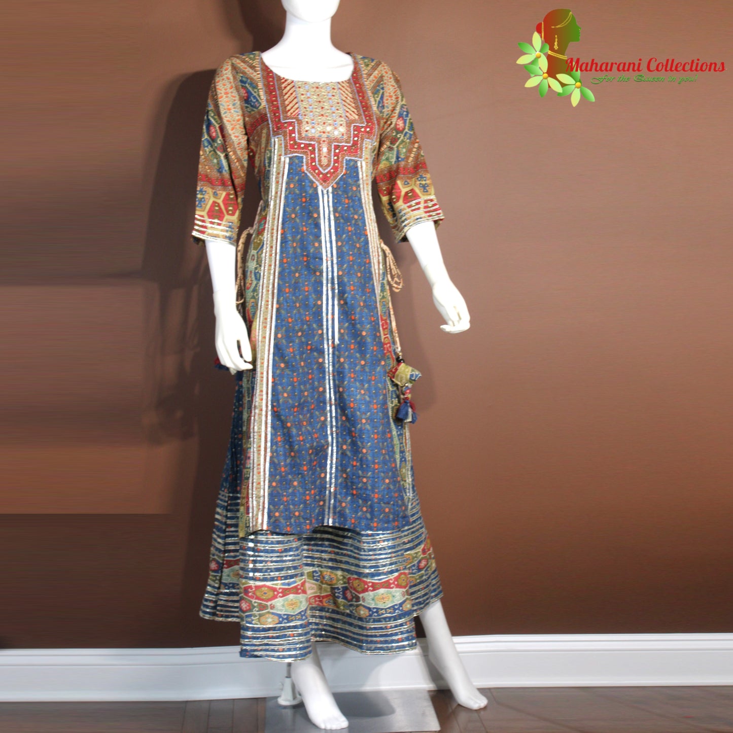 Maharani's Long Dress - Pure Cotton - Blue Multicolor (M, L)