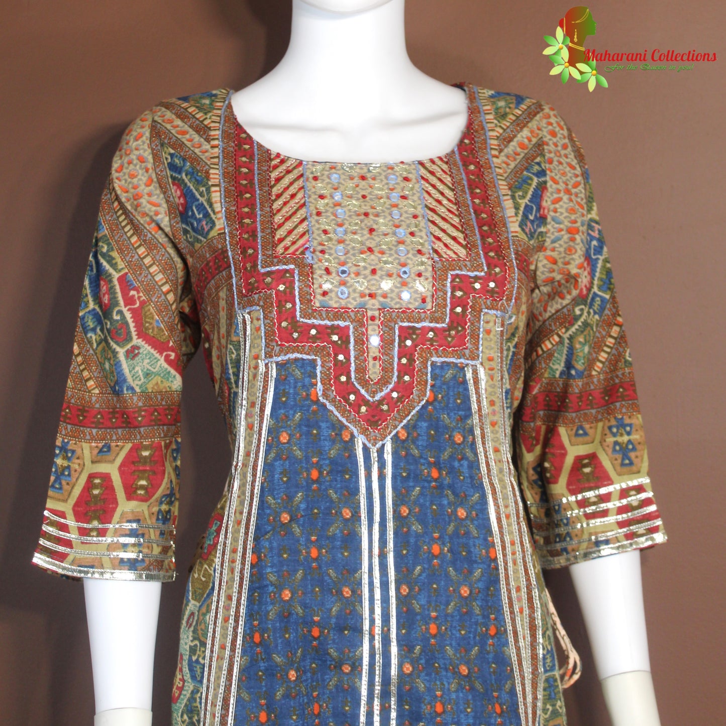 Maharani's Long Dress - Pure Cotton - Blue Multicolor (M, L)